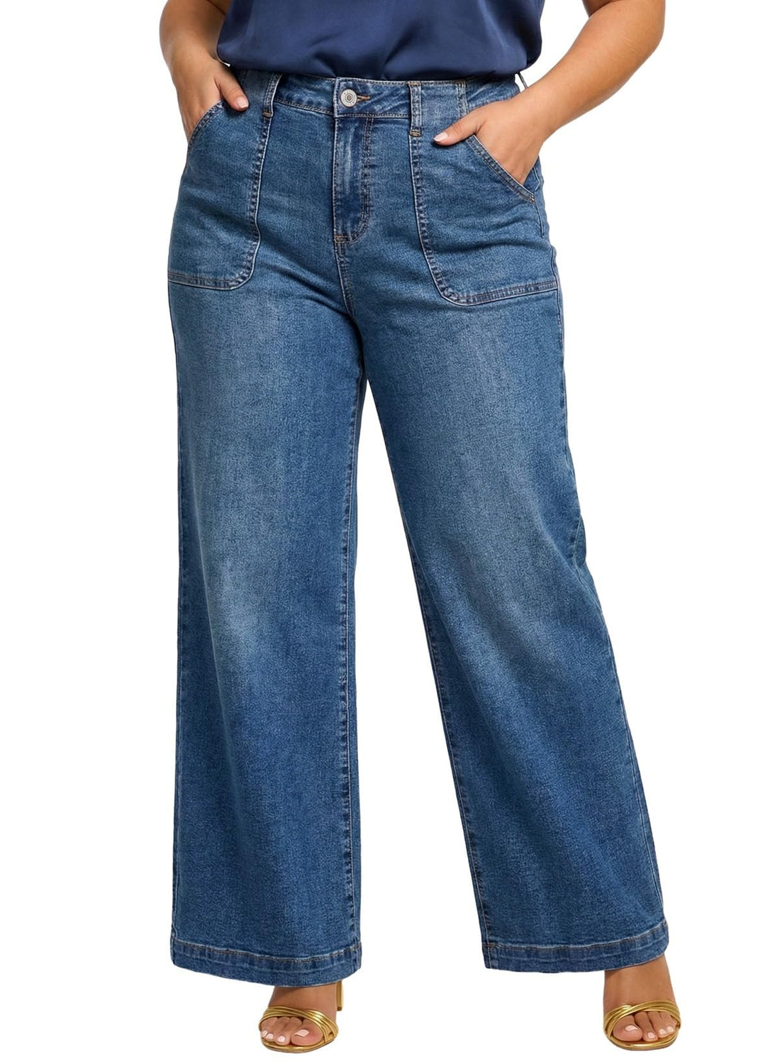 Eytino Plus Size Wide Leg Jeans for Women Elastic High Waisted Stretchy Relaxed Fit Denim Pants with Pockets(1X-5X)