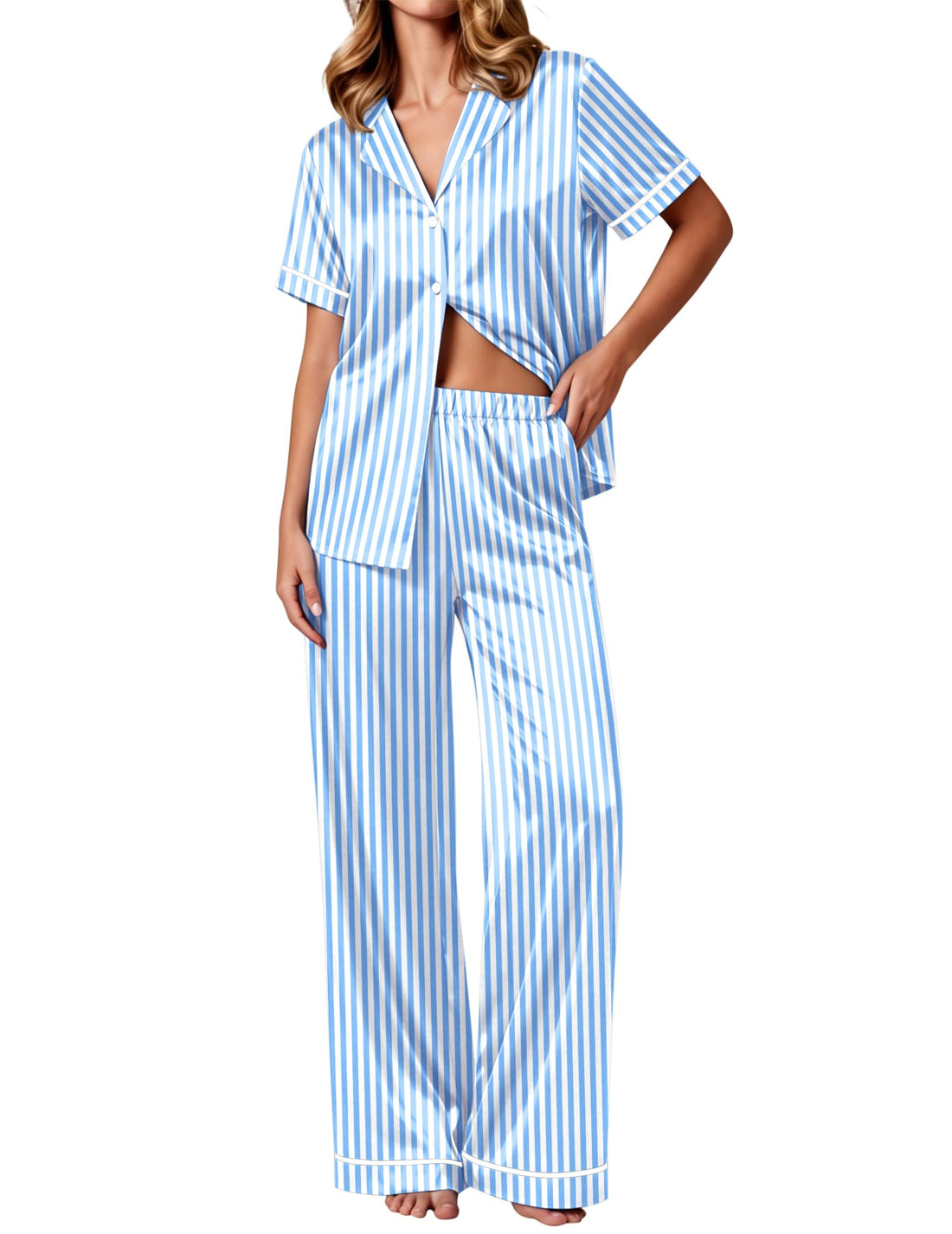 Ekouaer Women's Silk Pajamas Set Short Sleeve Pjs Button Down Lounge Set