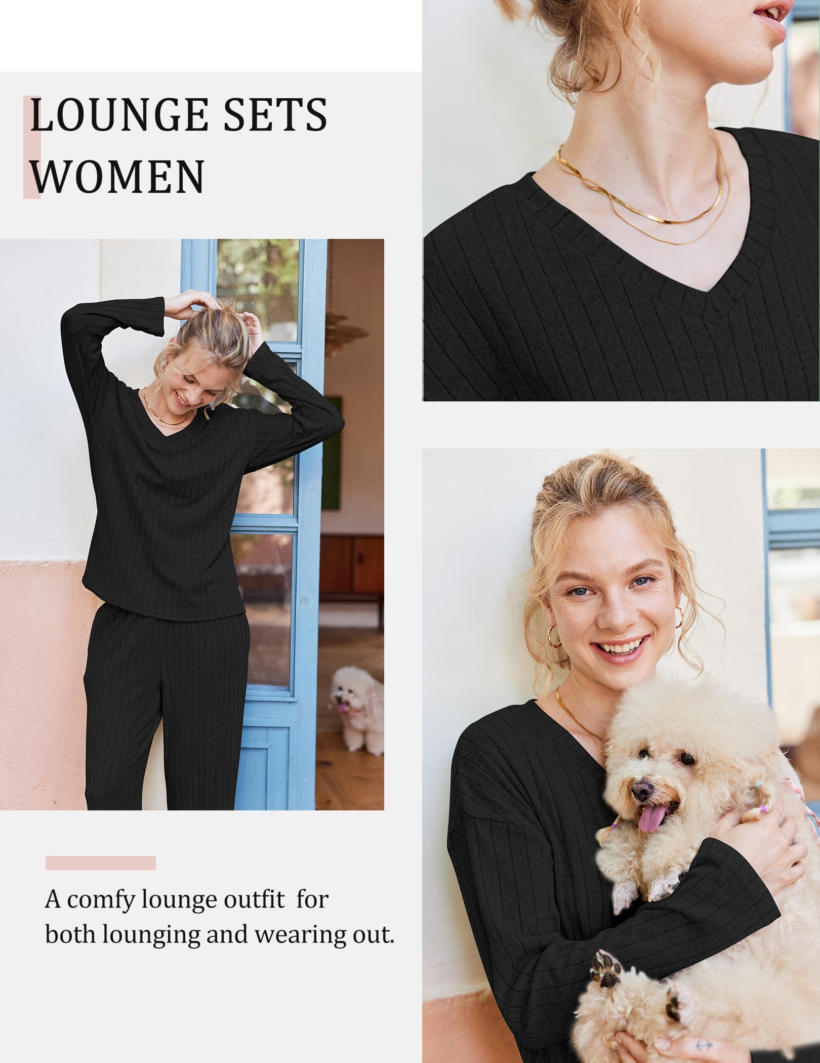 Ekouaer Lounge Sets for Women Long Sleeve Knit Ribbed Pajama Sets 2 Piece Casual Loungewear with Pockets