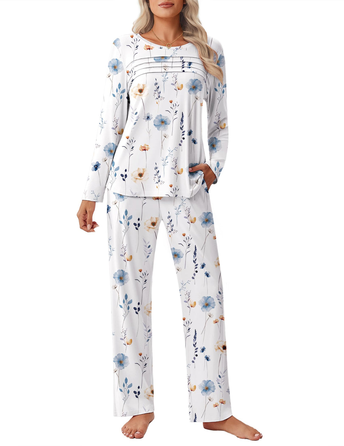 Ekouaer Womens Pajama Sets Pleated Tops with Long Sleeve Fall Lounge Set