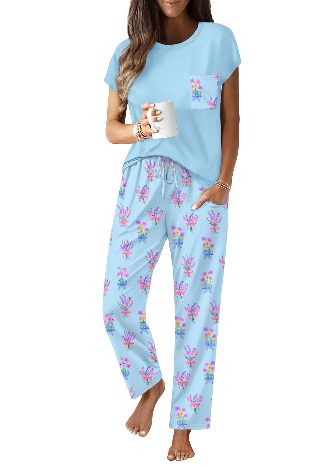 Ekouaer Womens Pajama Sets 2 Pcs Short Sleeve Lounge Set with Pockets