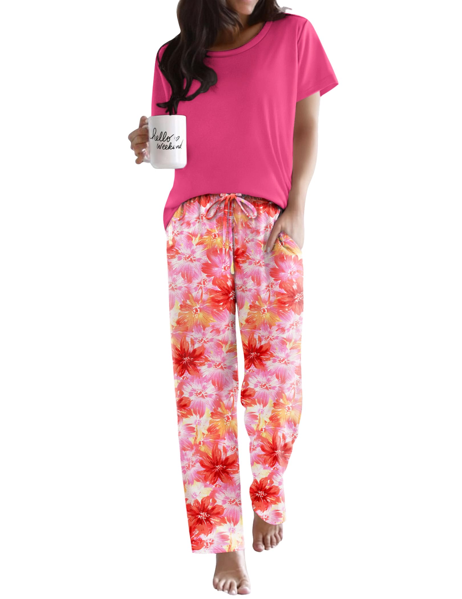 Ekouaer Womens Pajamas Sets Round Neck Pjs Loose Lounge Sets Sleepwear