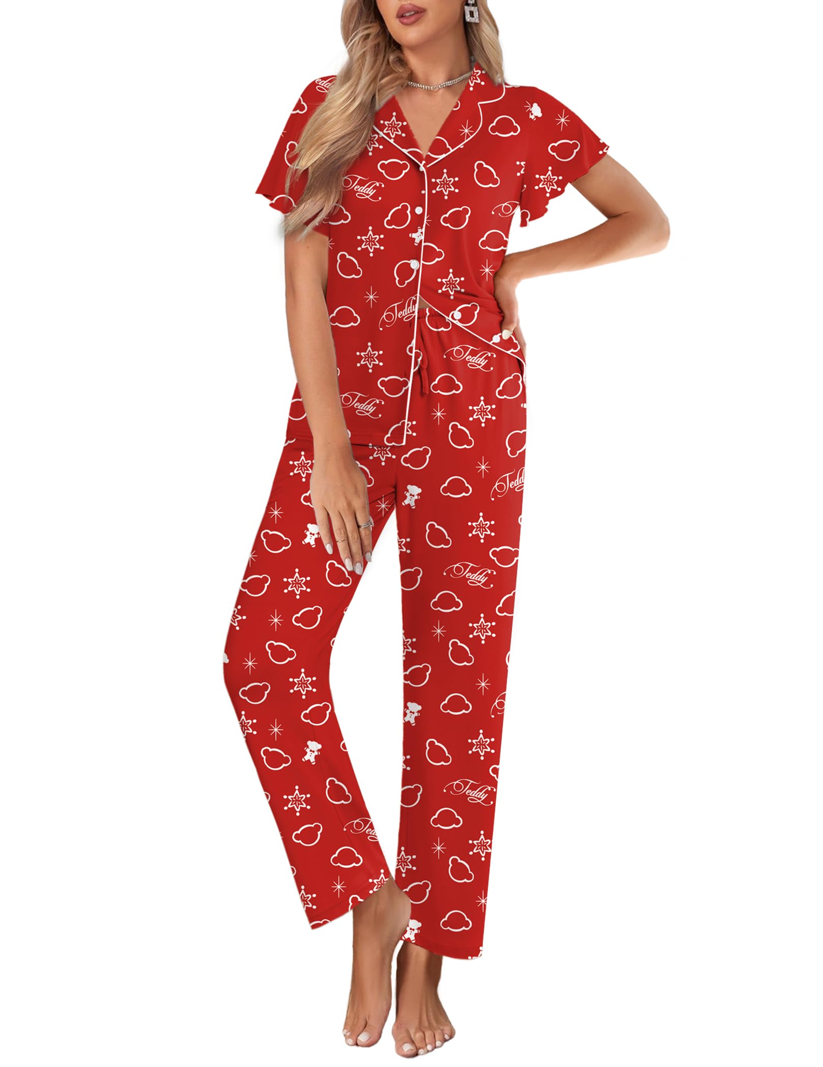 Ekouaer Pajamas for Women Set Ruffle Sleeve Button Up with Long Pants