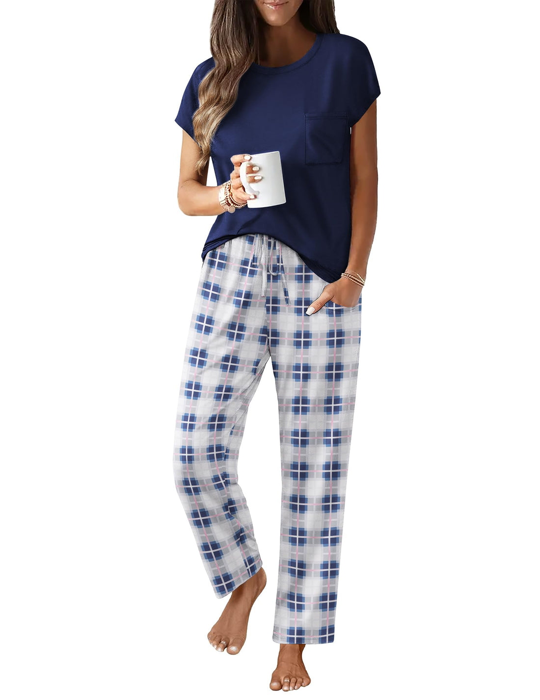 Ekouaer Womens Pajama Sets 2 Pcs Short Sleeve Lounge Set with Pockets