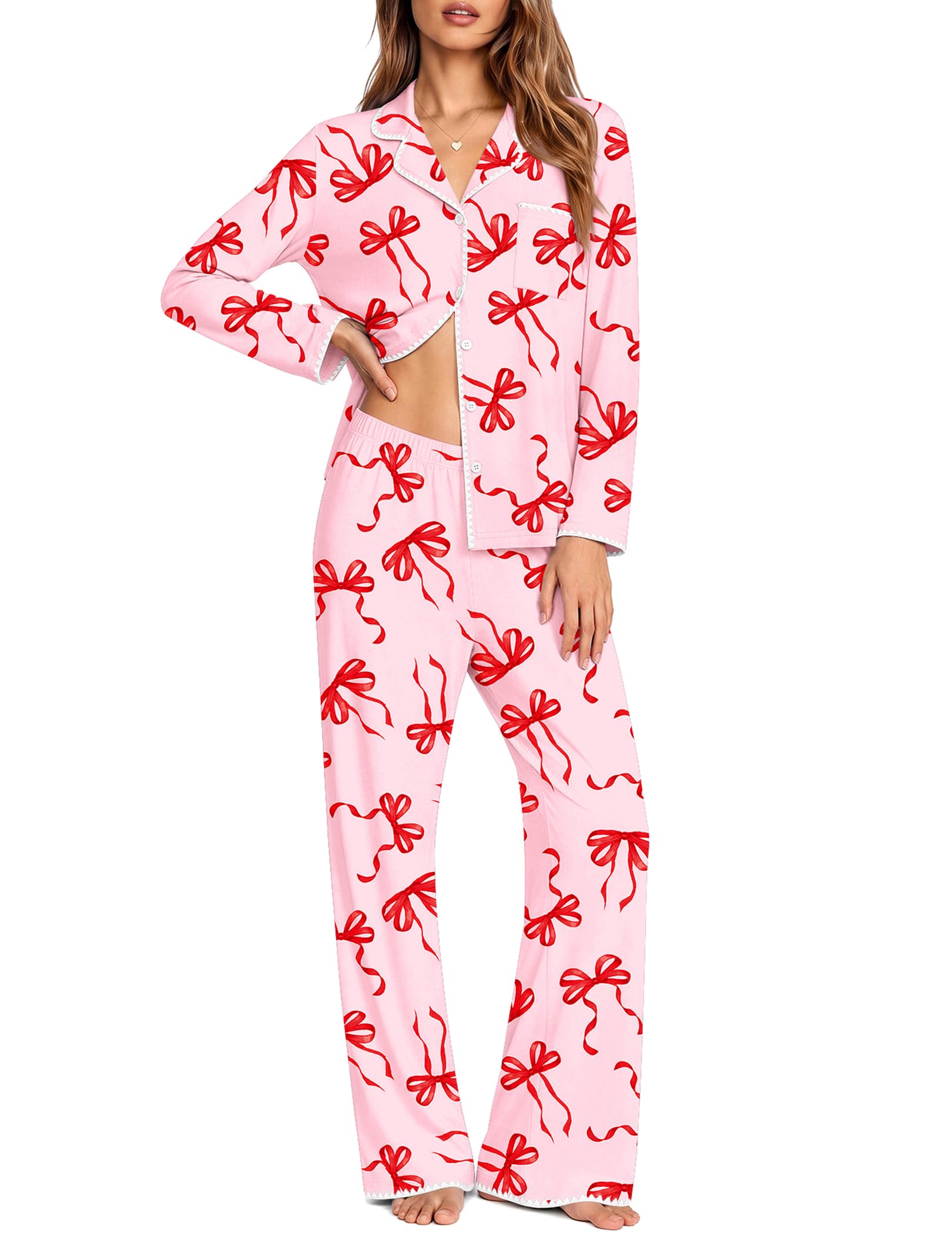 Ekouaer Pajamas for Women Set Long Sleeve Lounge Set Soft Button Down Pjs