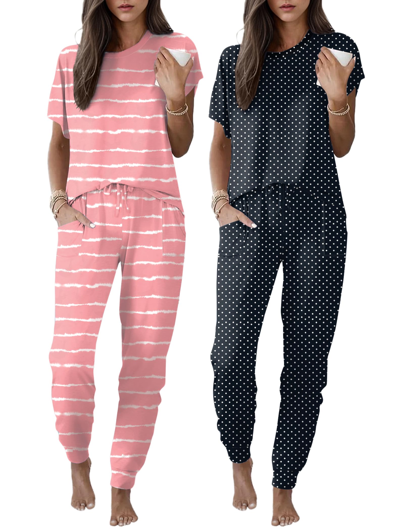 Ekouaer 2 Pack Womens Pajama Short Sleeve Jogger Pants Pjs Lounge Set