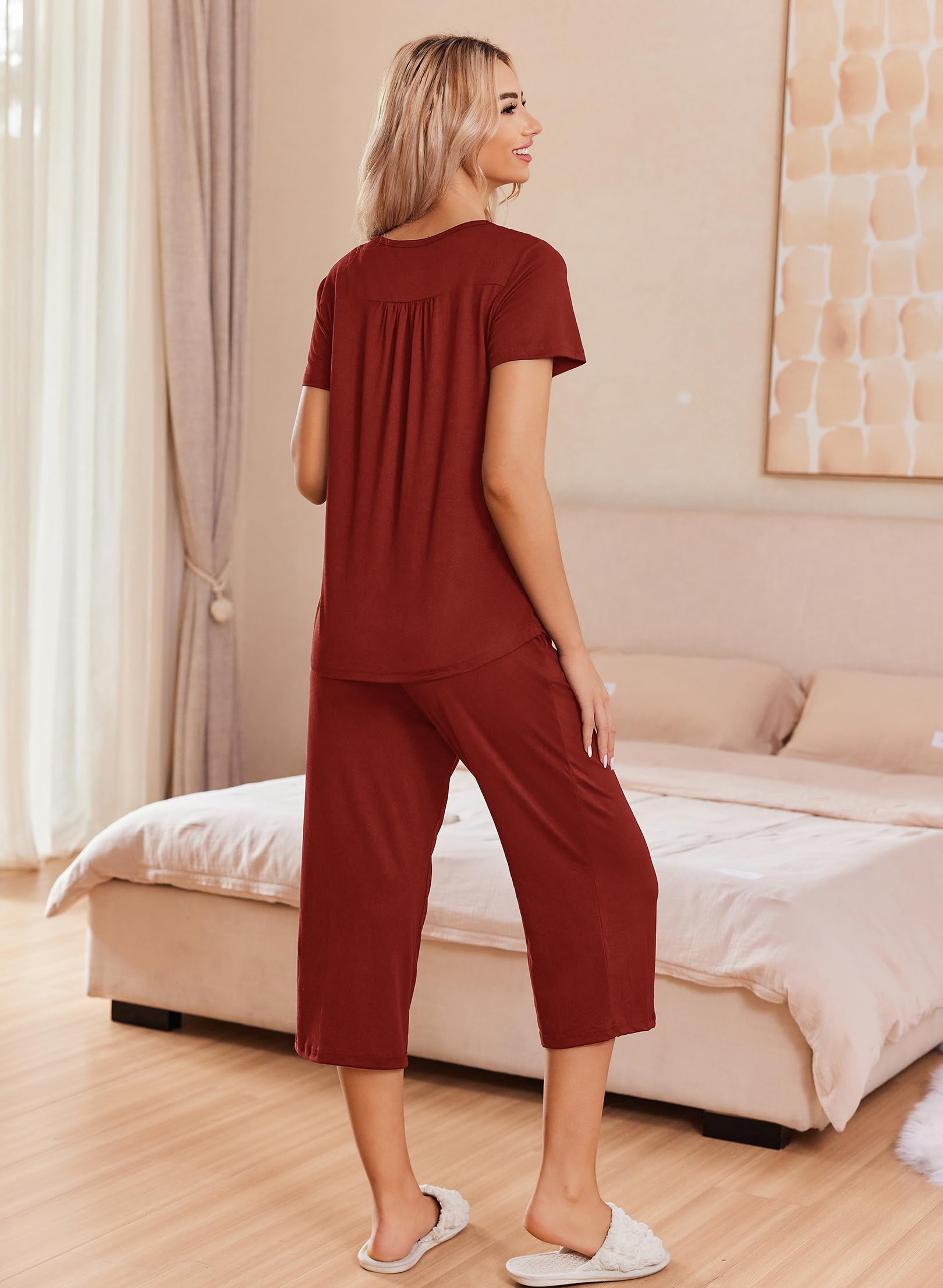 Ekouaer Women's Pajama Sets Short Sleeve Sleepwear Button Up Pj Loungewear Top and Capri Pants with Pockets