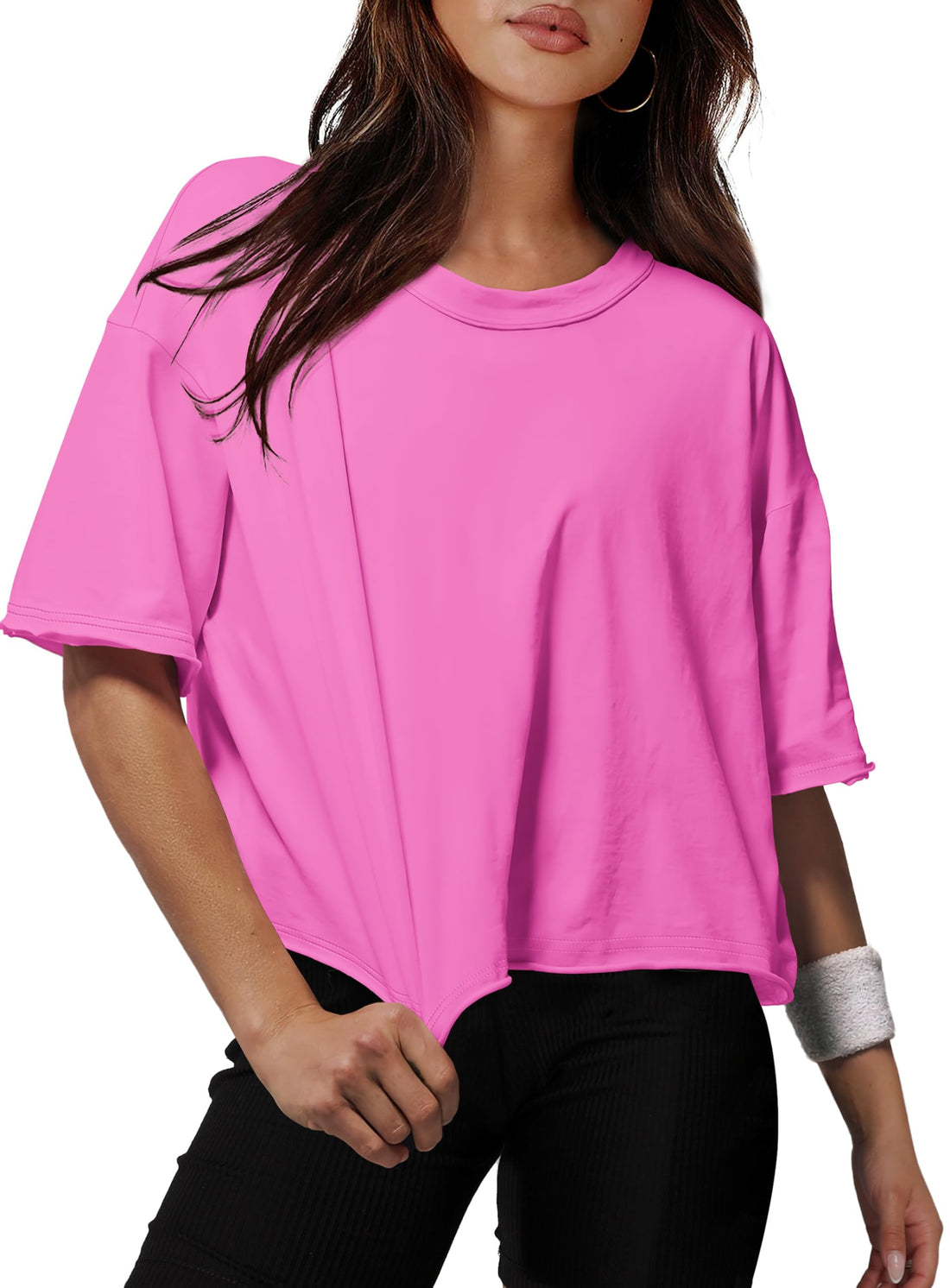 XIEERDUO Cotton Tshirts for Women Drop Shoulder Round Neck Oversized Crop Tops Workout Tops Tees