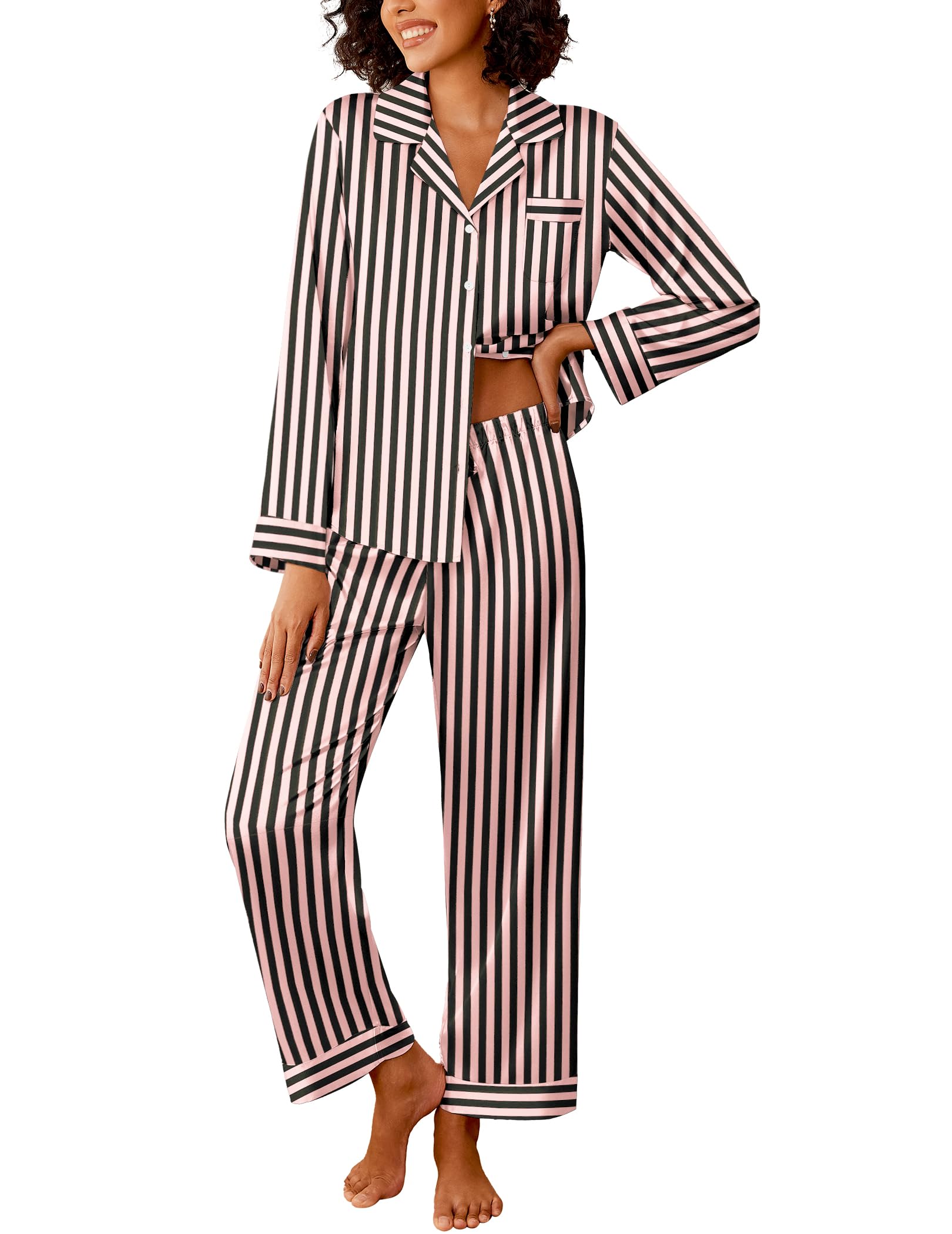 Ekouaer Womens Silk Satin Pajama Sets 2 Piece Pjs Set Stripe Sleepwear