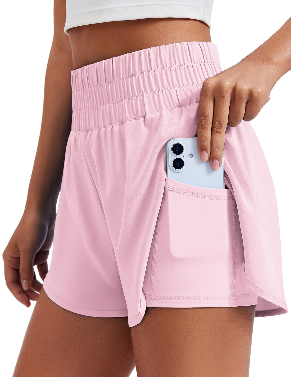 PINSPARK Women's 2 in 1 Running Shorts High-Split Athletic Short High Waisted 3" Liner Workout Gym Short with Pockets