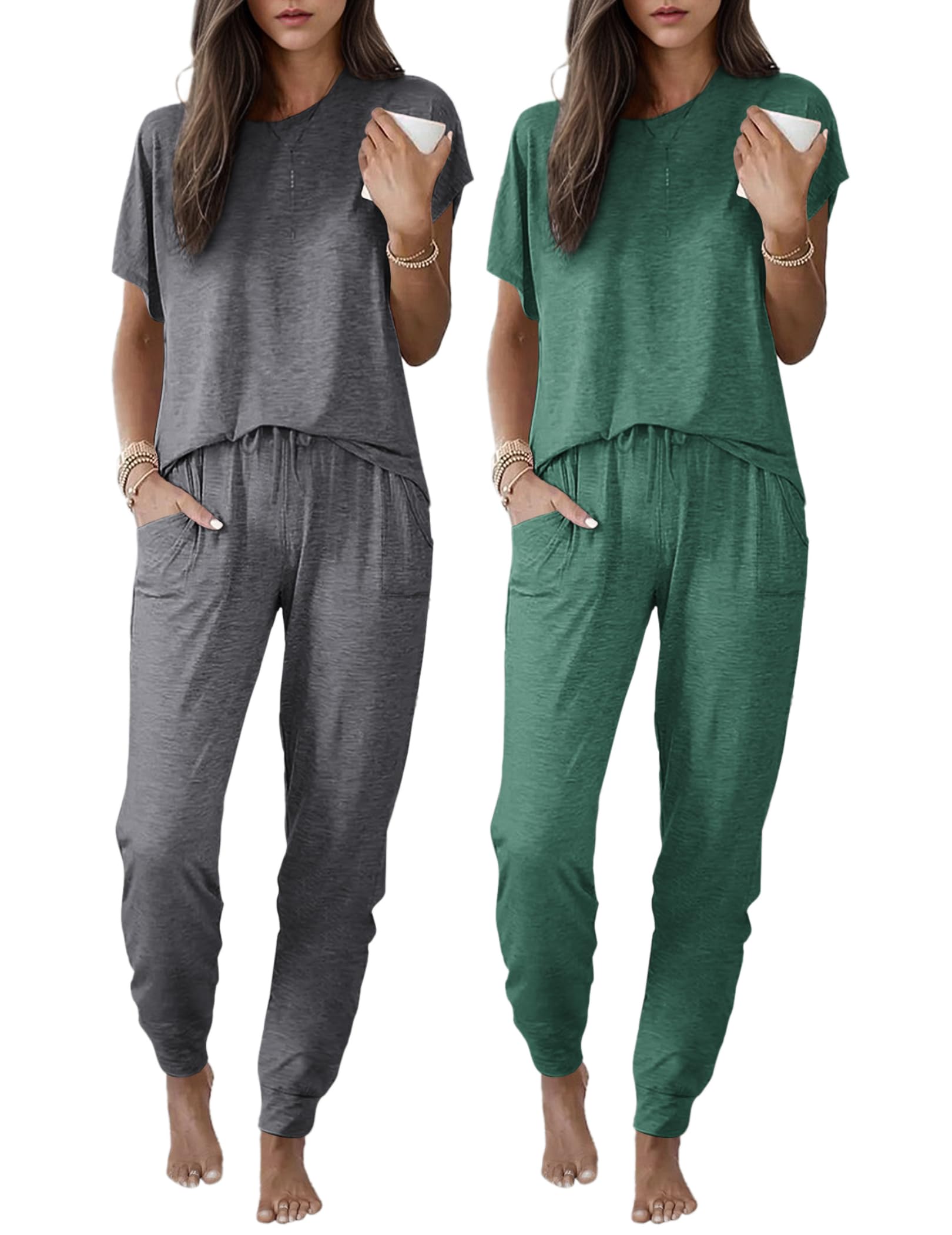 Ekouaer 2 Pack Womens Pajama Short Sleeve Jogger Pants Pjs Lounge Set