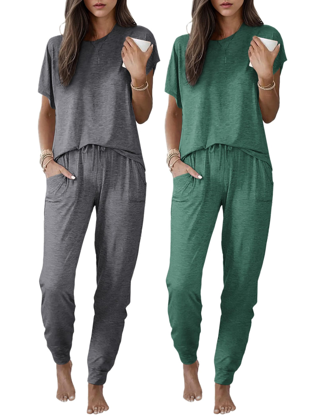 Ekouaer 2 Pack Womens Pajama Short Sleeve Jogger Pants Pjs Lounge Set