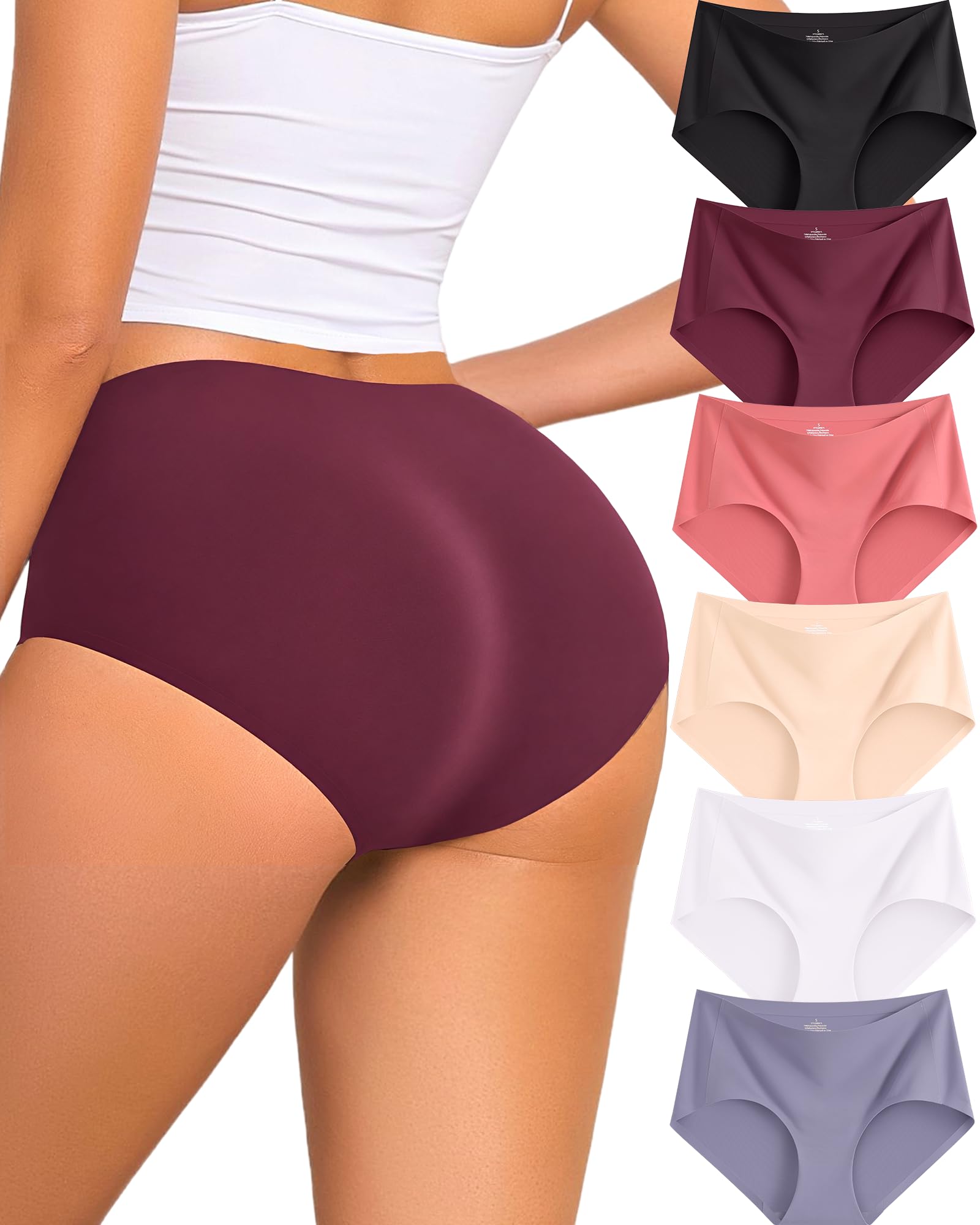 FINETOO 6 Pack Womens Seamless Underwear Full Coverage No Show Hipster Panties Sexy Stretchy Invisible Briefs Bikini Lingerie