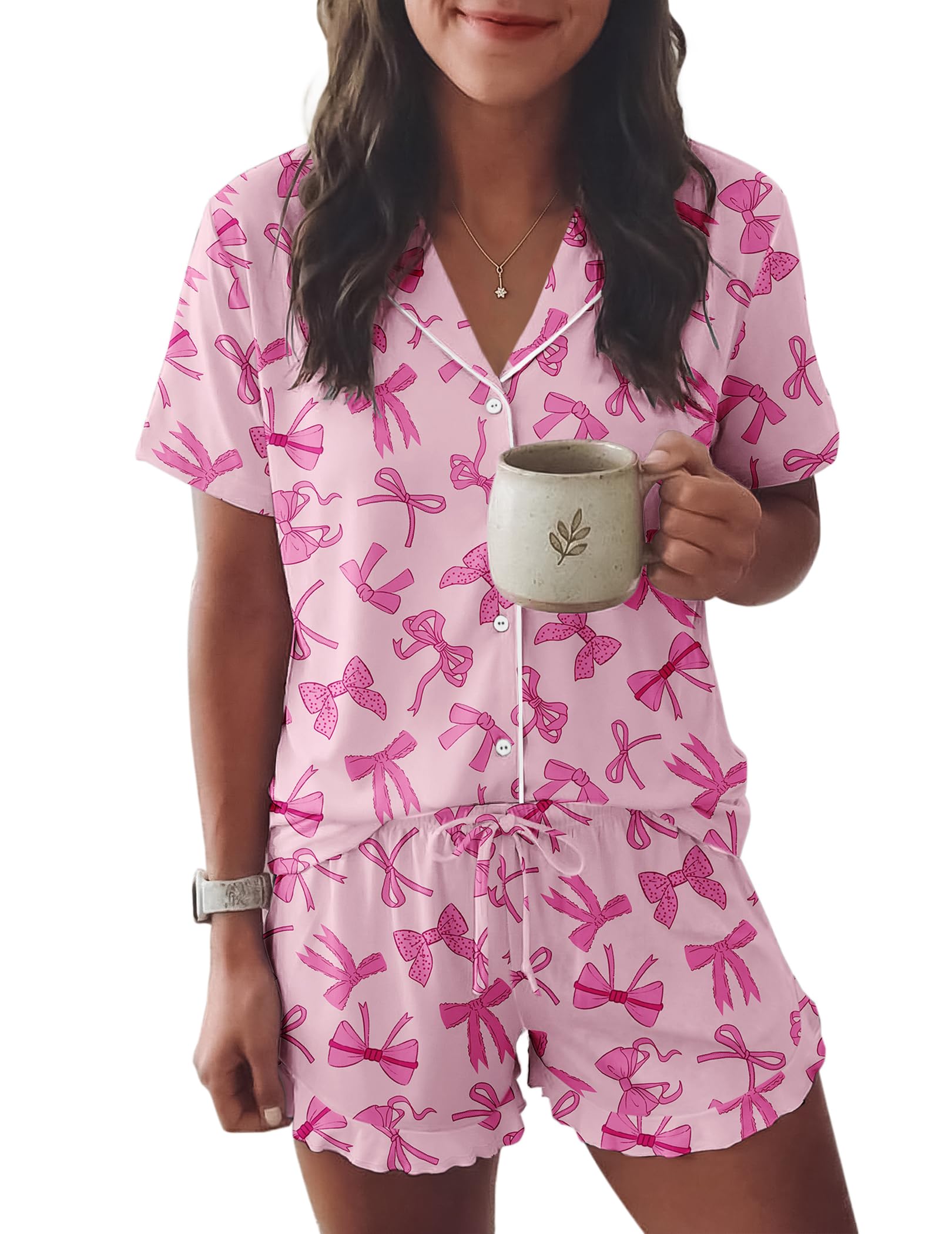 Ekouaer Womens Pajama Sets Button Down Cute Ruffled Pjs Set Sleepwear