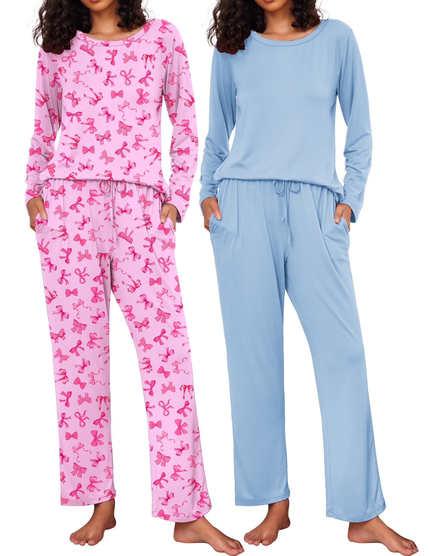Ekouaer Women's 2 Pack Pajama Sets Long Sleeve Lounge Set Soft Comfy Pjs
