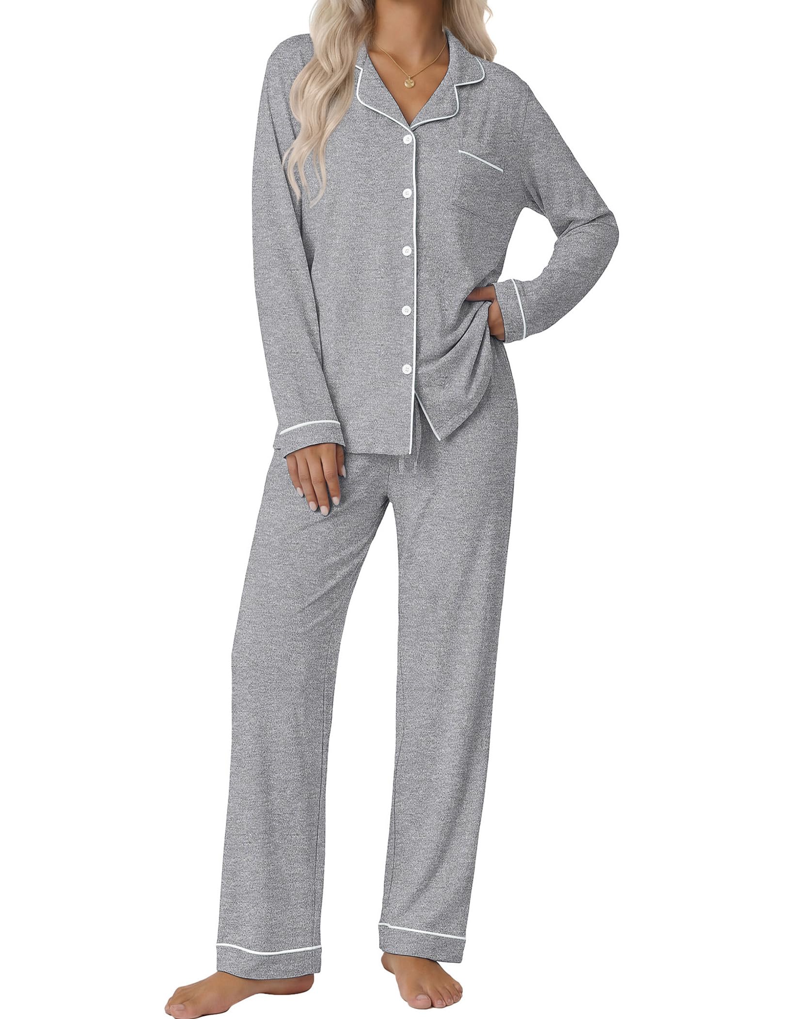 Ekouaer Women's Classic Long Sleeve Button Down Pajama Set