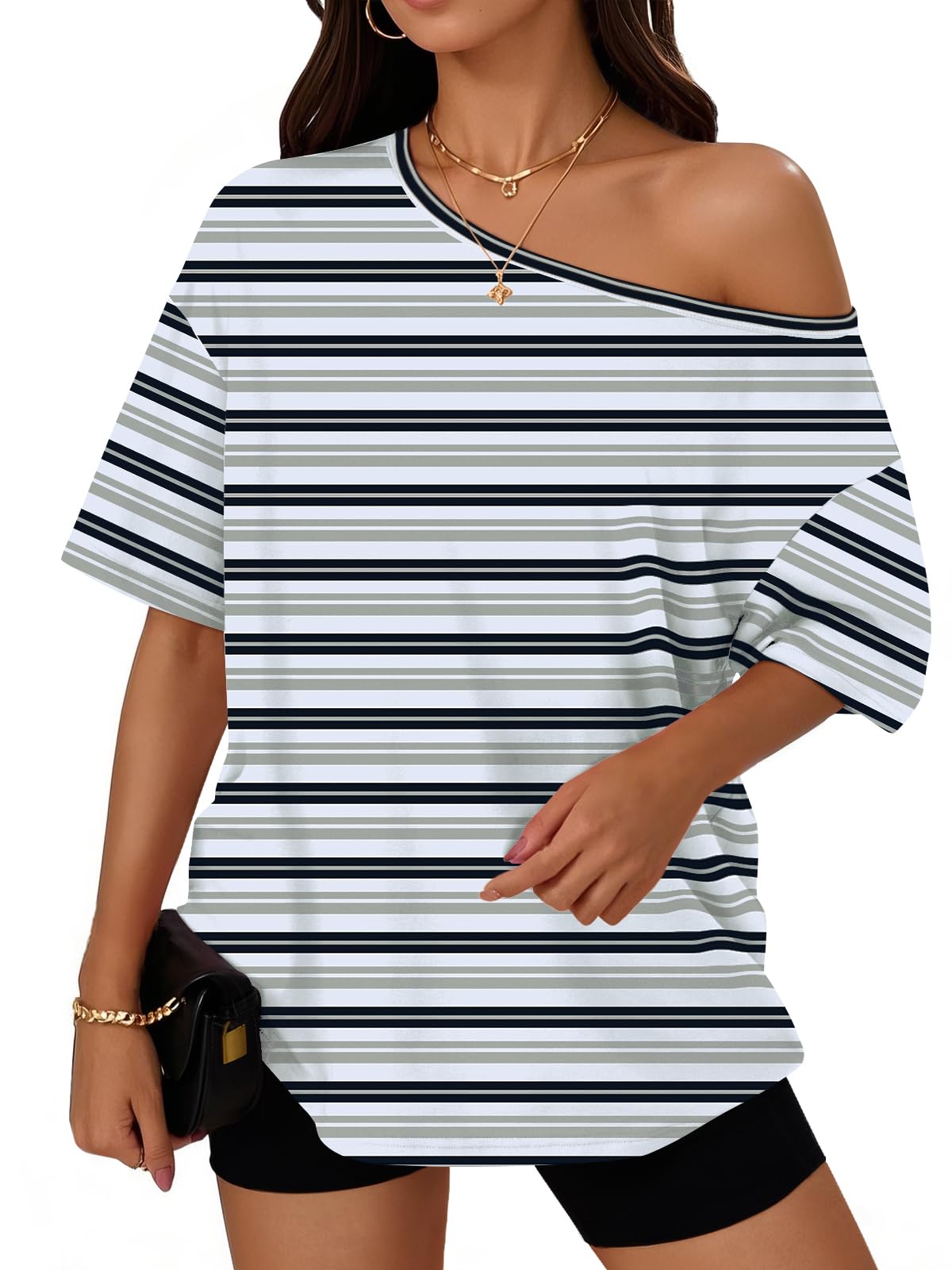 Trendy Queen Womens Off the Shoulder Tops Oversized Summer T-Shirts 2026 | Breathable comfort stretch fabric, short sleeve, basic oversized tees, casual workout gym, y2k going out clothes