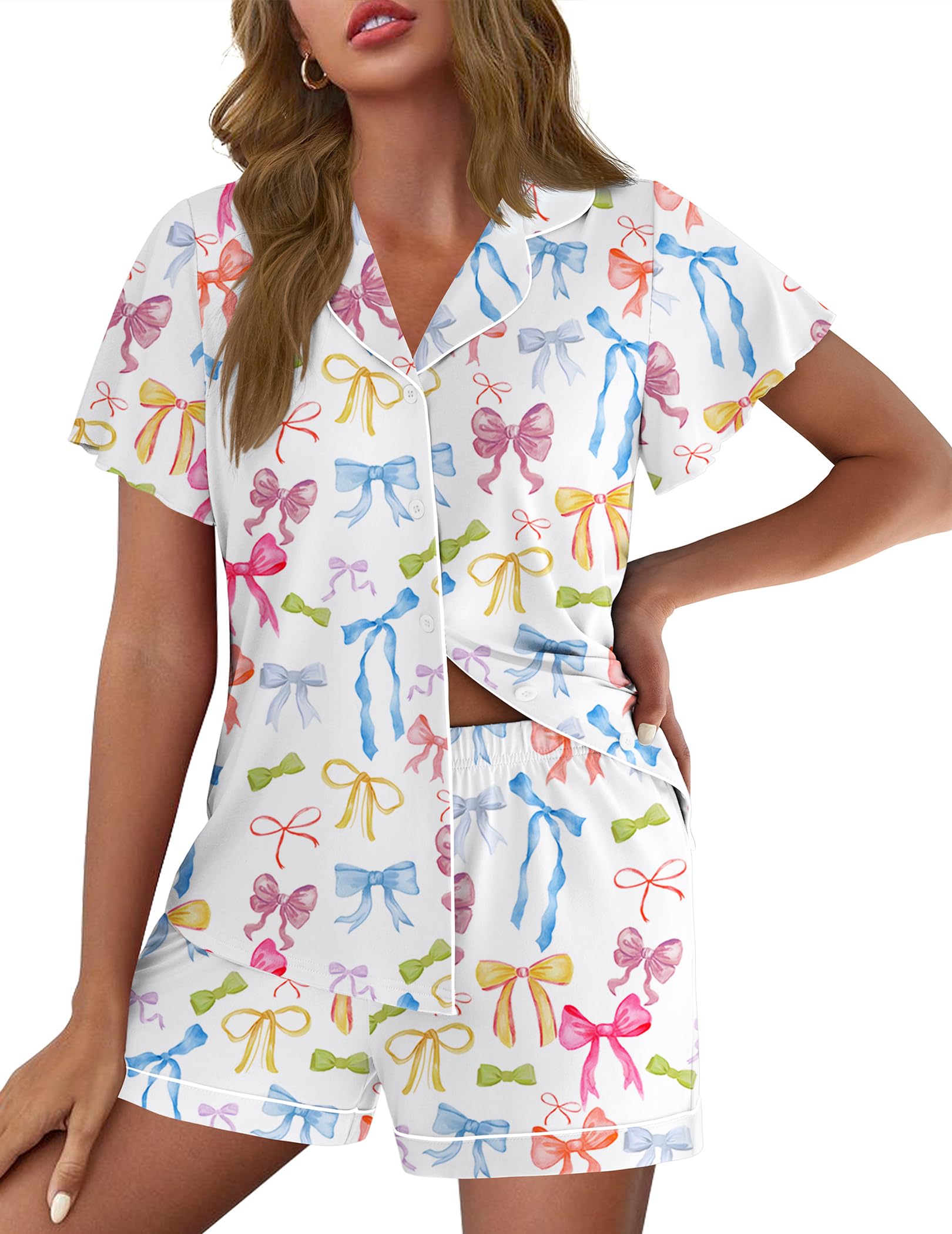 Ekouaer Pajamas for Women Set Button Up Bridal Pjs Ruffle Sleeve