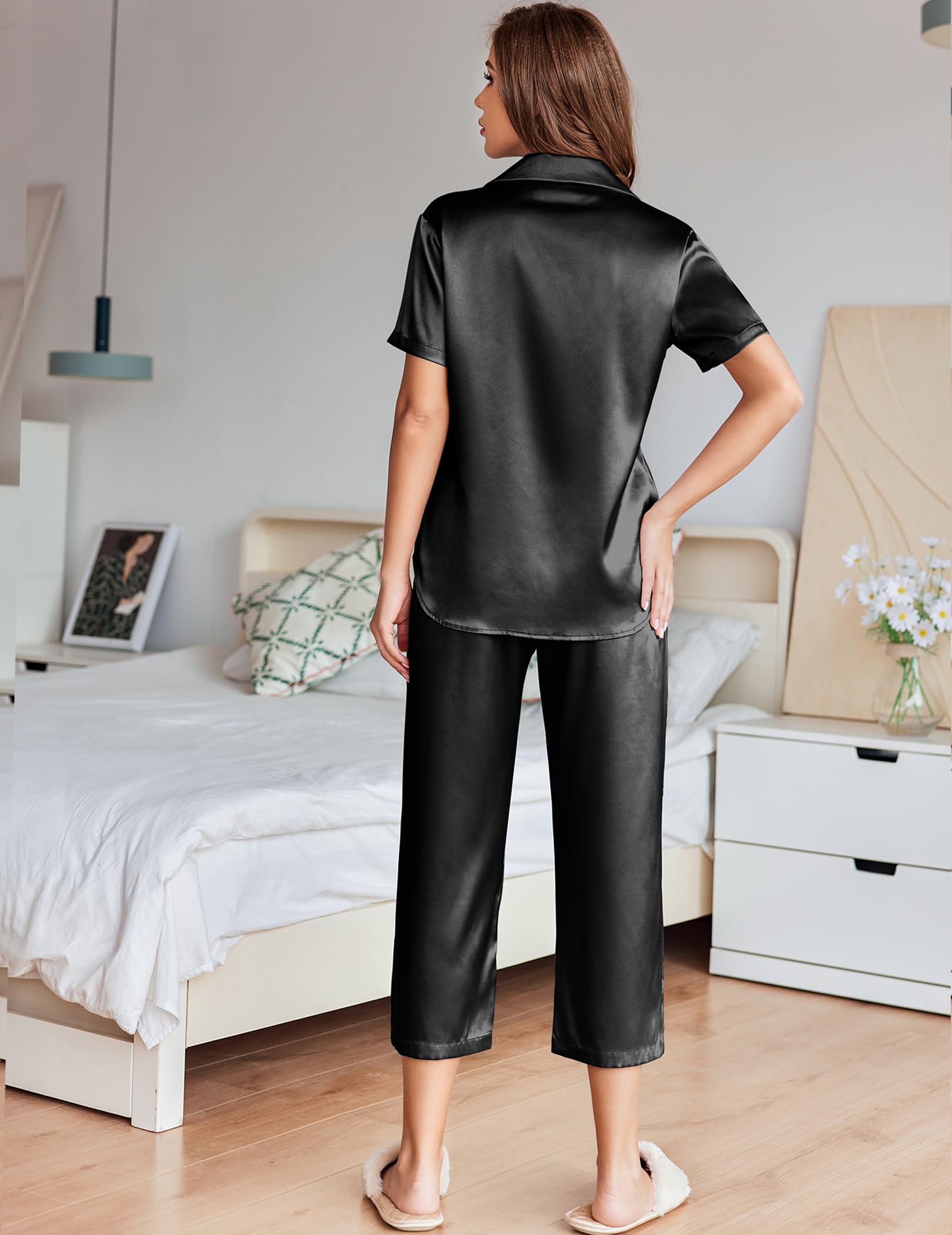 Ekouaer Womens Satin Silky Capri Pajamas Short Sleeve Button Down Sleepwear