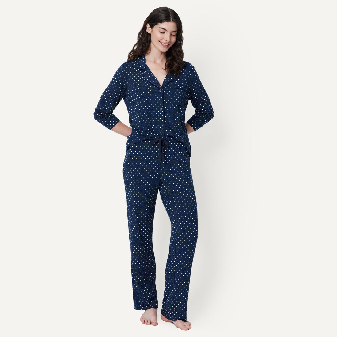 Amazon Essentials x Sofia Grainge Women's Stretch Modal Long-Sleeve Button-Front Top and Full-Length Bottom Pajama Set
