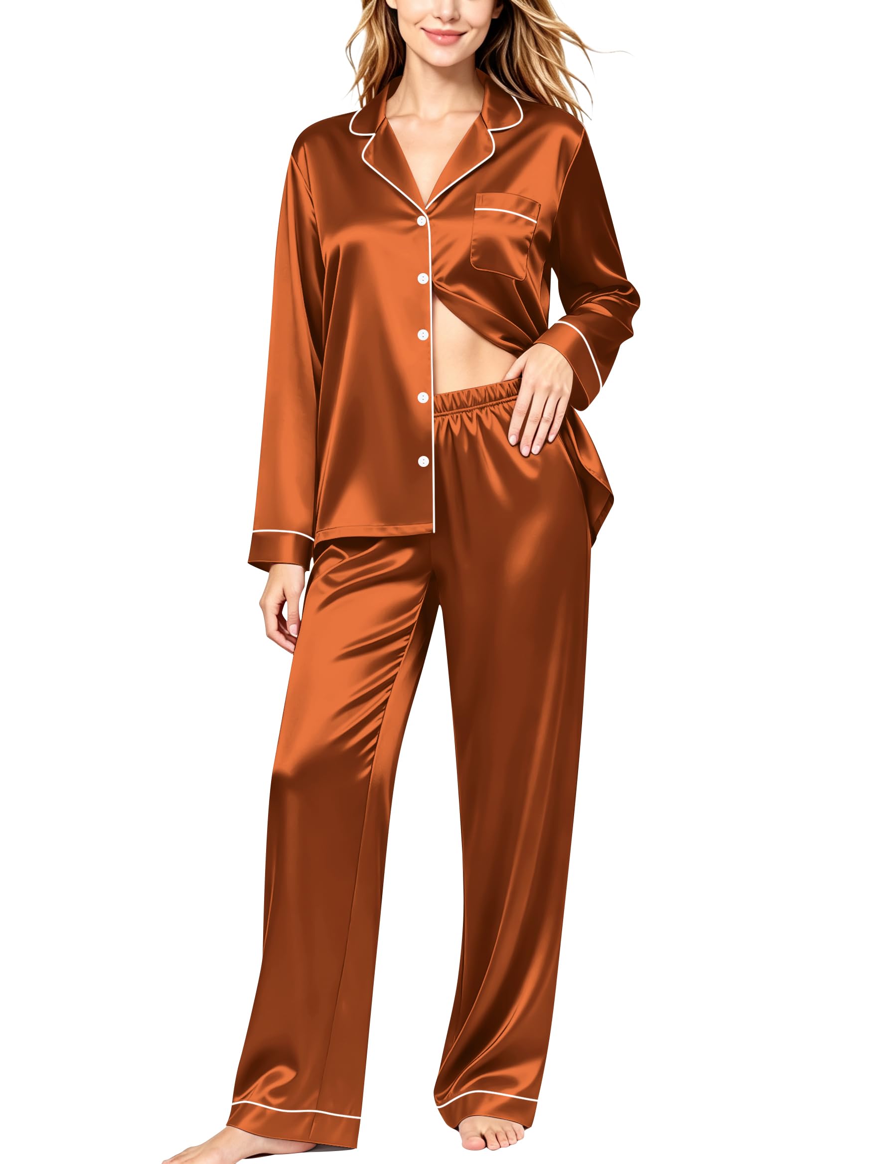 SWOMOG Womens Silk Satin Pajamas Set Long Sleeve Button Down Sleepwear 2 Piece Lounge Set Pj Set XS-3XL