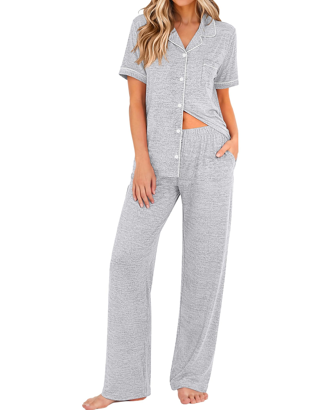 Ekouaer Pajamas for Women Set Short Sleeve Long Pants 2 Piece Lounge Set