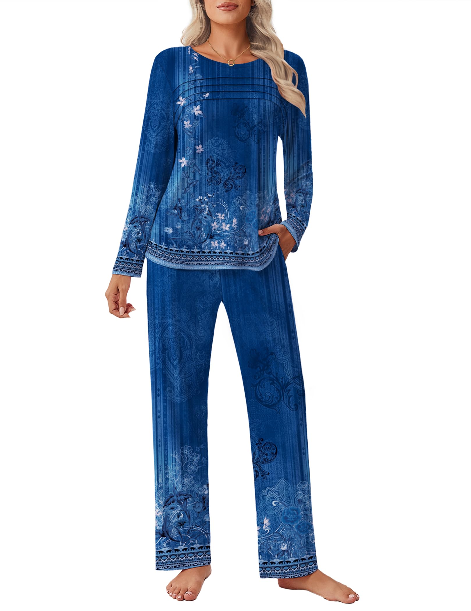 Ekouaer Womens Pajama Sets Pleated Tops with Long Sleeve Fall Lounge Set