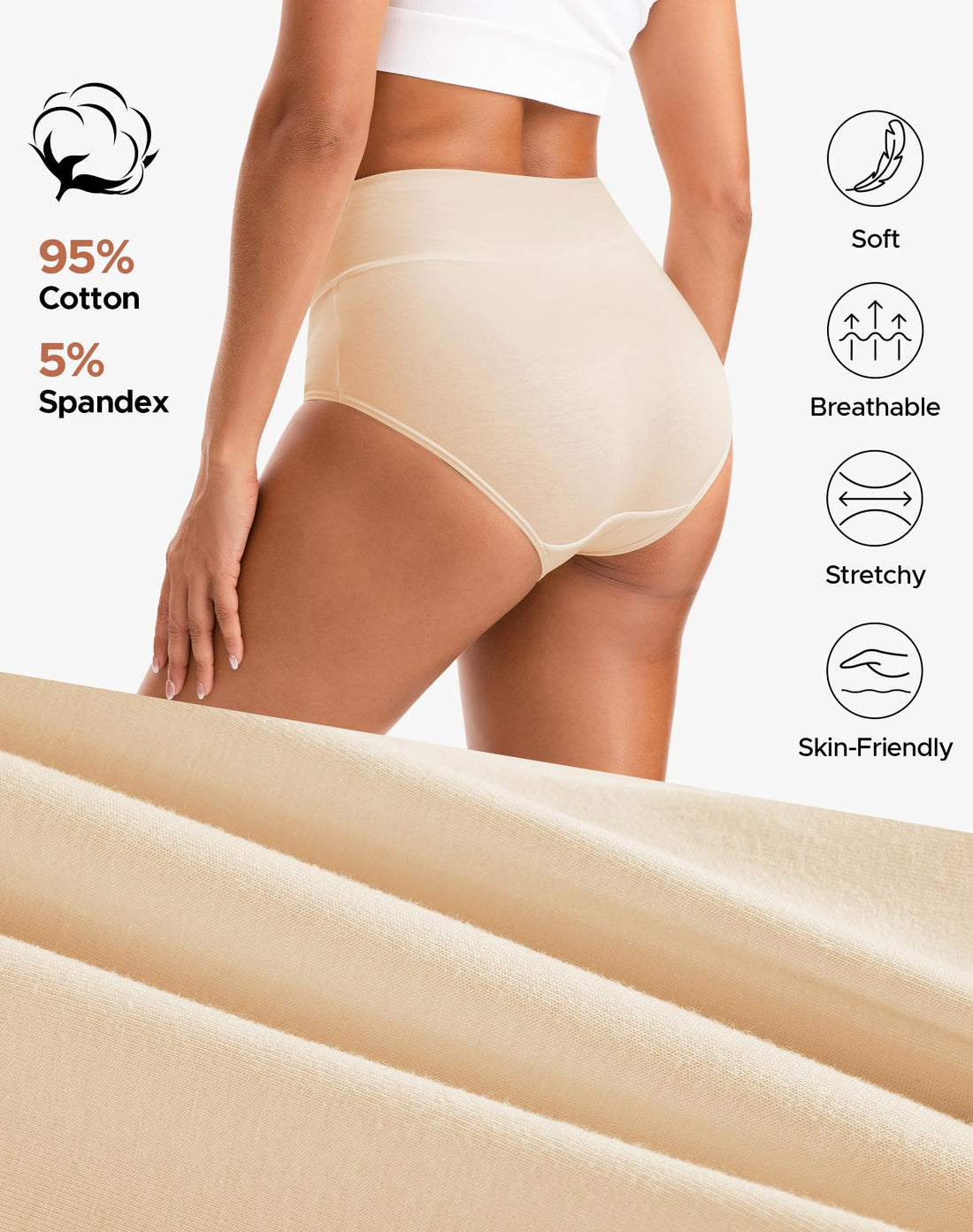 INNERSY Women's High Waisted Underwear Cotton Panties Regular & Plus Size 5-Pack