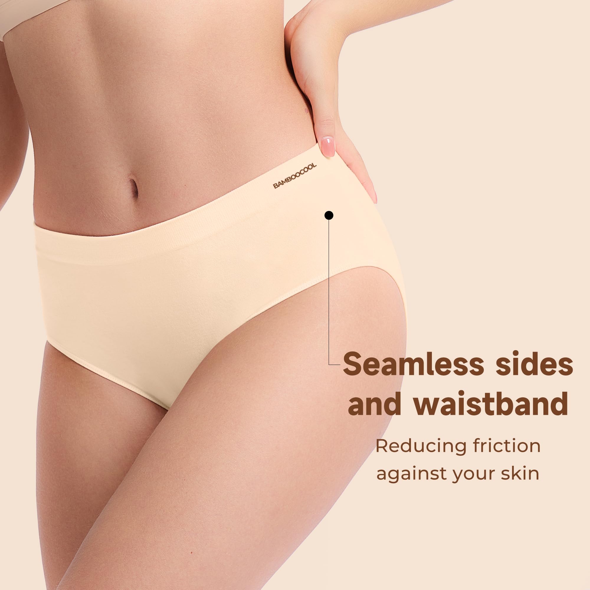 Women's Bamboo Seamless Bikini Panties Moisture-Wicking Stretchy Breathable Hipster Coverage Ladies Underwear 6-pack