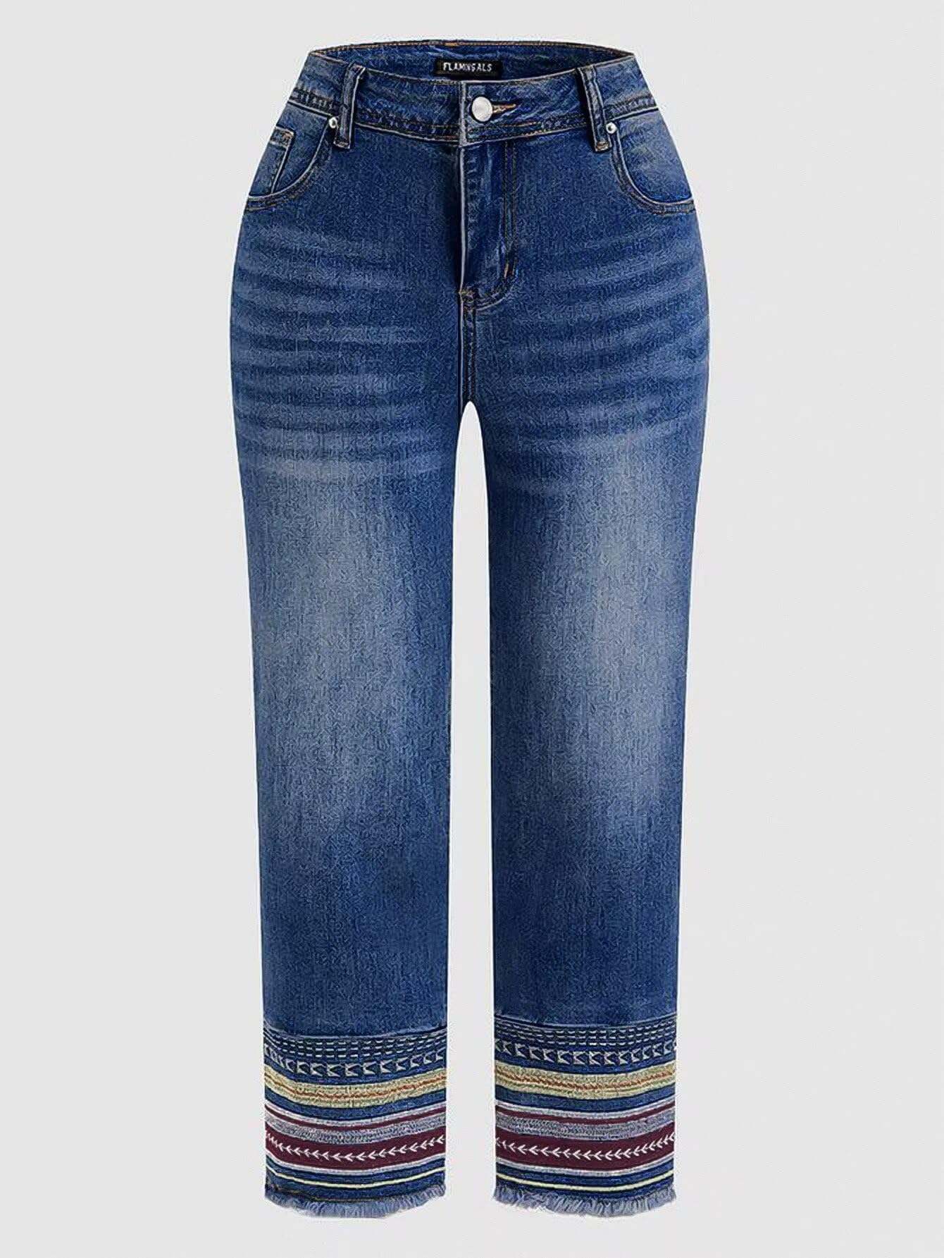 Flamingals Straight Leg Cropped Jeans for Women Trendy Mid Rise Stretchy Tribal Embroidery Raw Hem Ankle Jeans