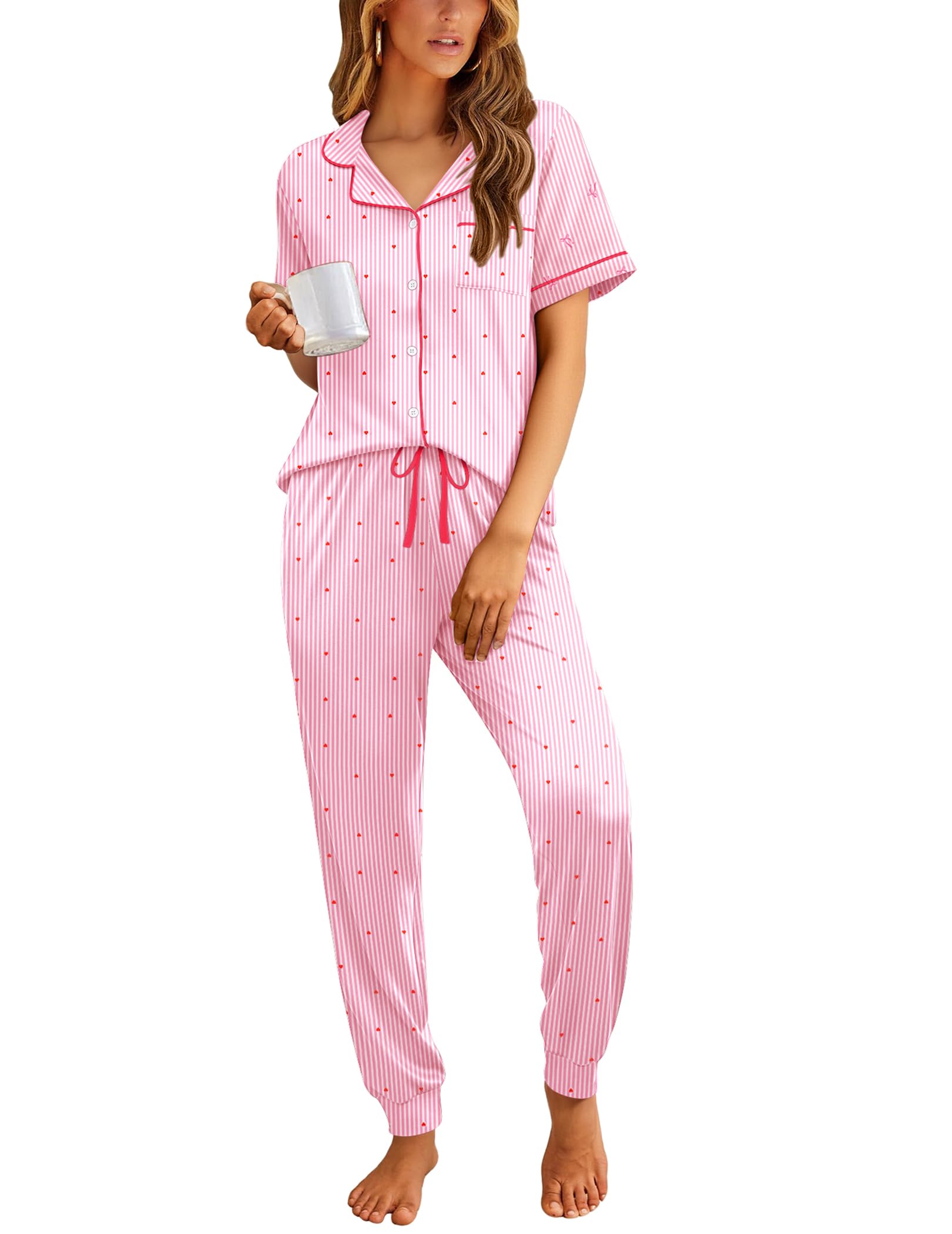 Ekouaer Women Pajama Set Short Sleeve Button Down Pjs with Jogger Pants