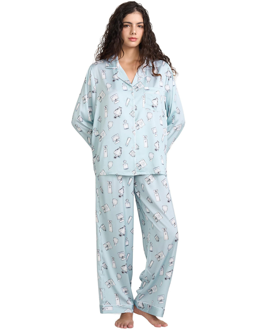 YiNi LuLu Womens Silk Satin Pajamas Set Button Down 2 Piece Pjs Long Sleeve Oversized Sleepwear with Pockets