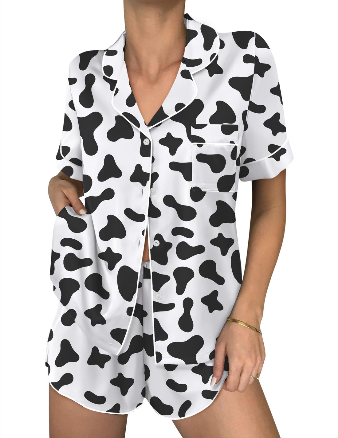 Ekouaer Women Satin Pajama Sets Cute Print Silk Pjs Shorts Sets S-4XL