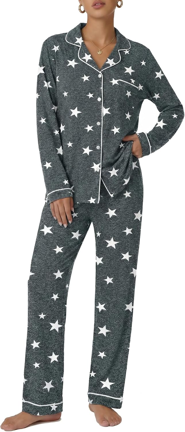Ekouaer Pajamas Womens Long Sleeve Sleepwear Button Down Loungewear Pjs Set