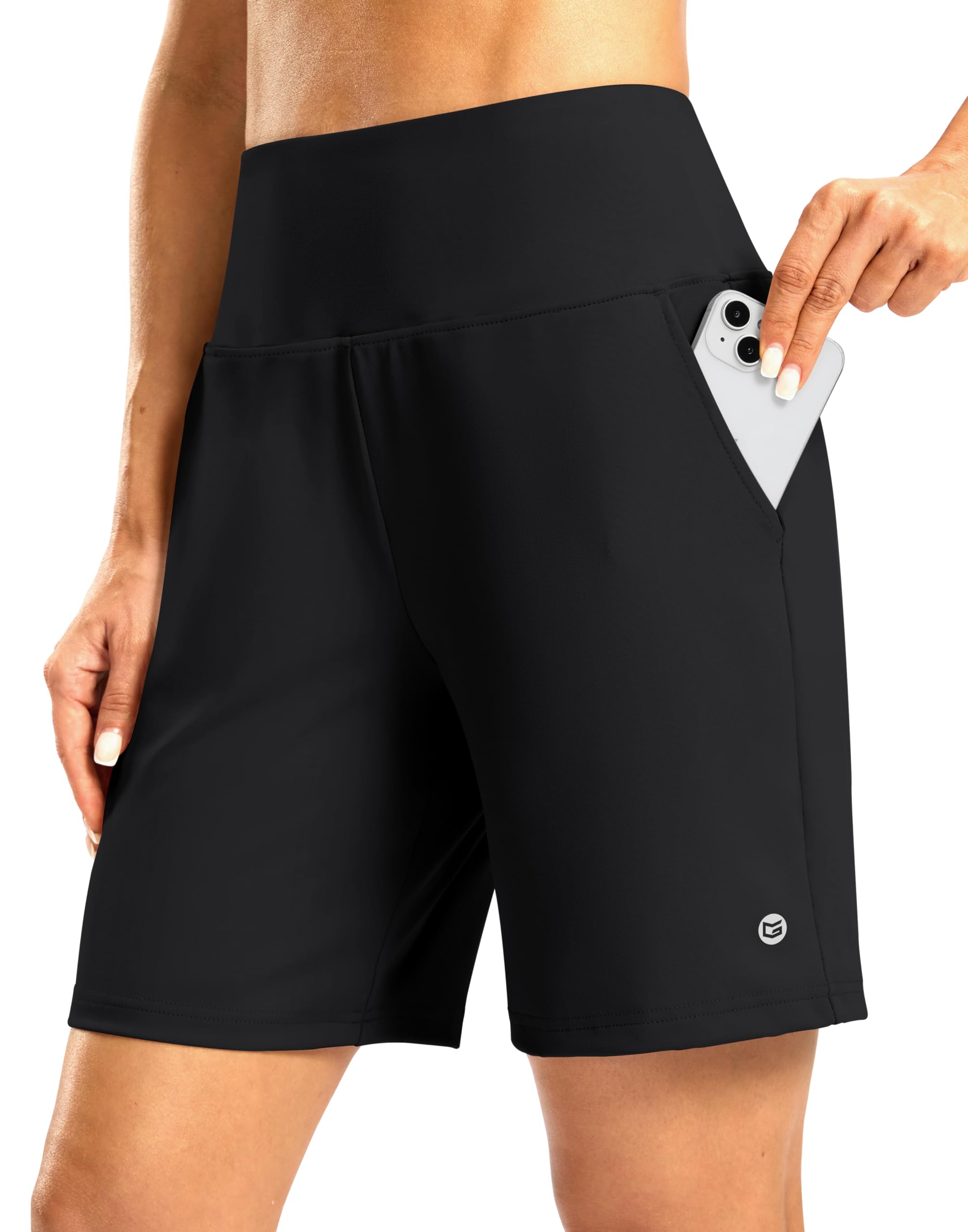 Women's Athletic Shorts with Zipper Pocket 7" High Waisted Stretchy Bermuda Shorts for Women Workout Running Casual