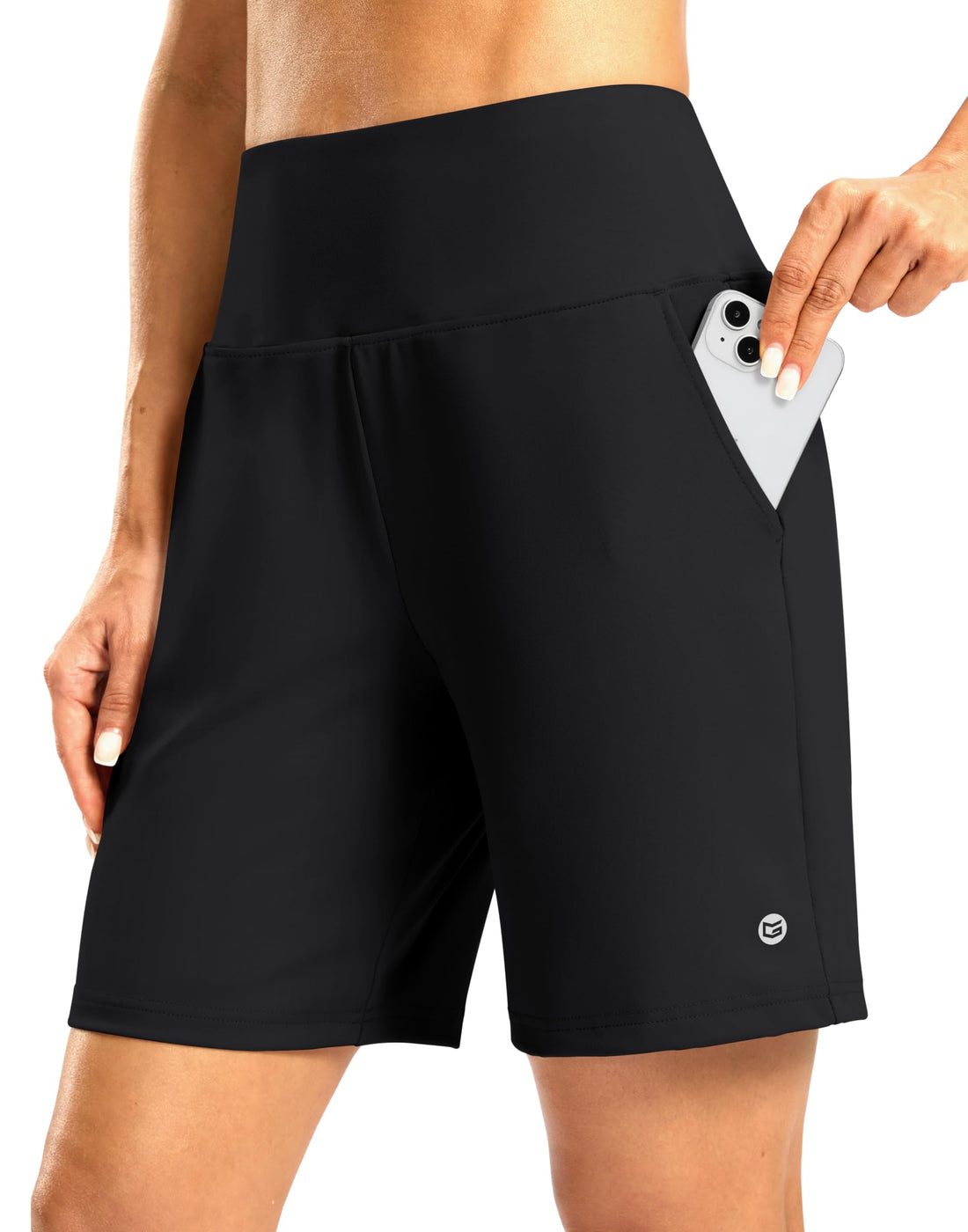 Women's Athletic Shorts with Zipper Pocket 7" High Waisted Stretchy Bermuda Shorts for Women Workout Running Casual