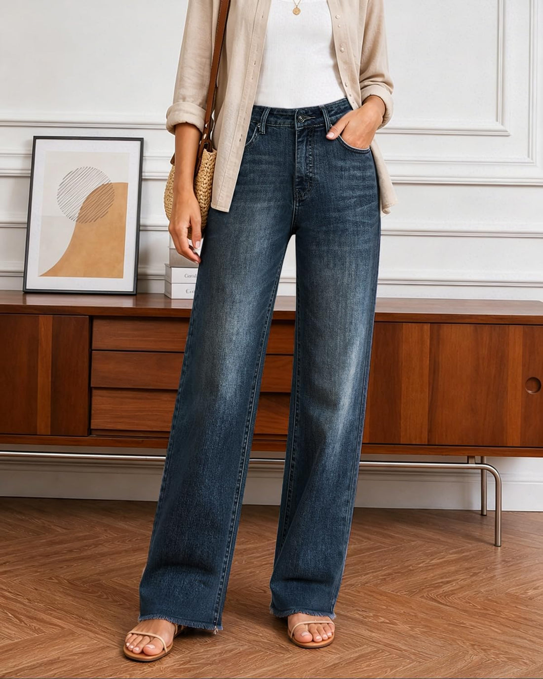 Womens High Waisted Jeans Stretchy Straight Leg Loose Fit Tummy Control Raw Hem Denim Pants Trendy Fashion