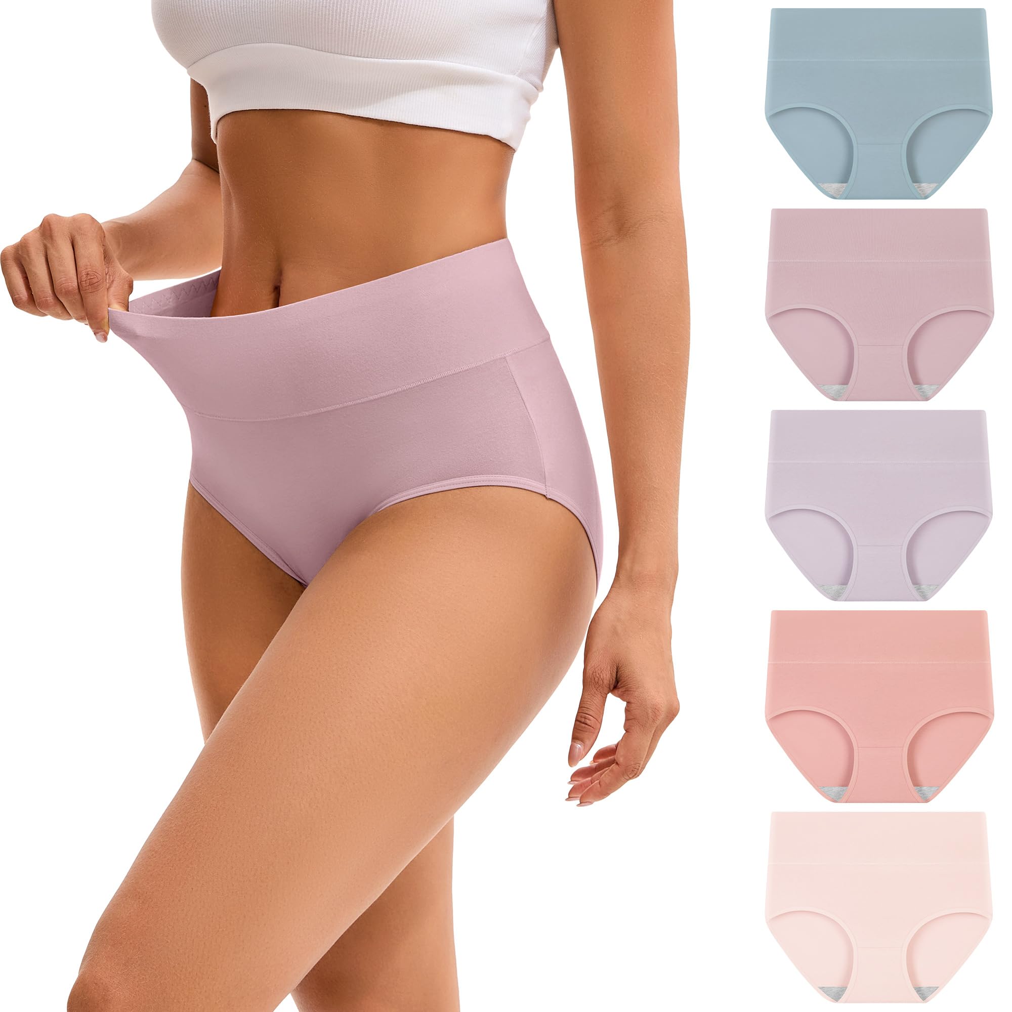 INNERSY Women's High Waisted Underwear Cotton Panties Regular & Plus Size 5-Pack
