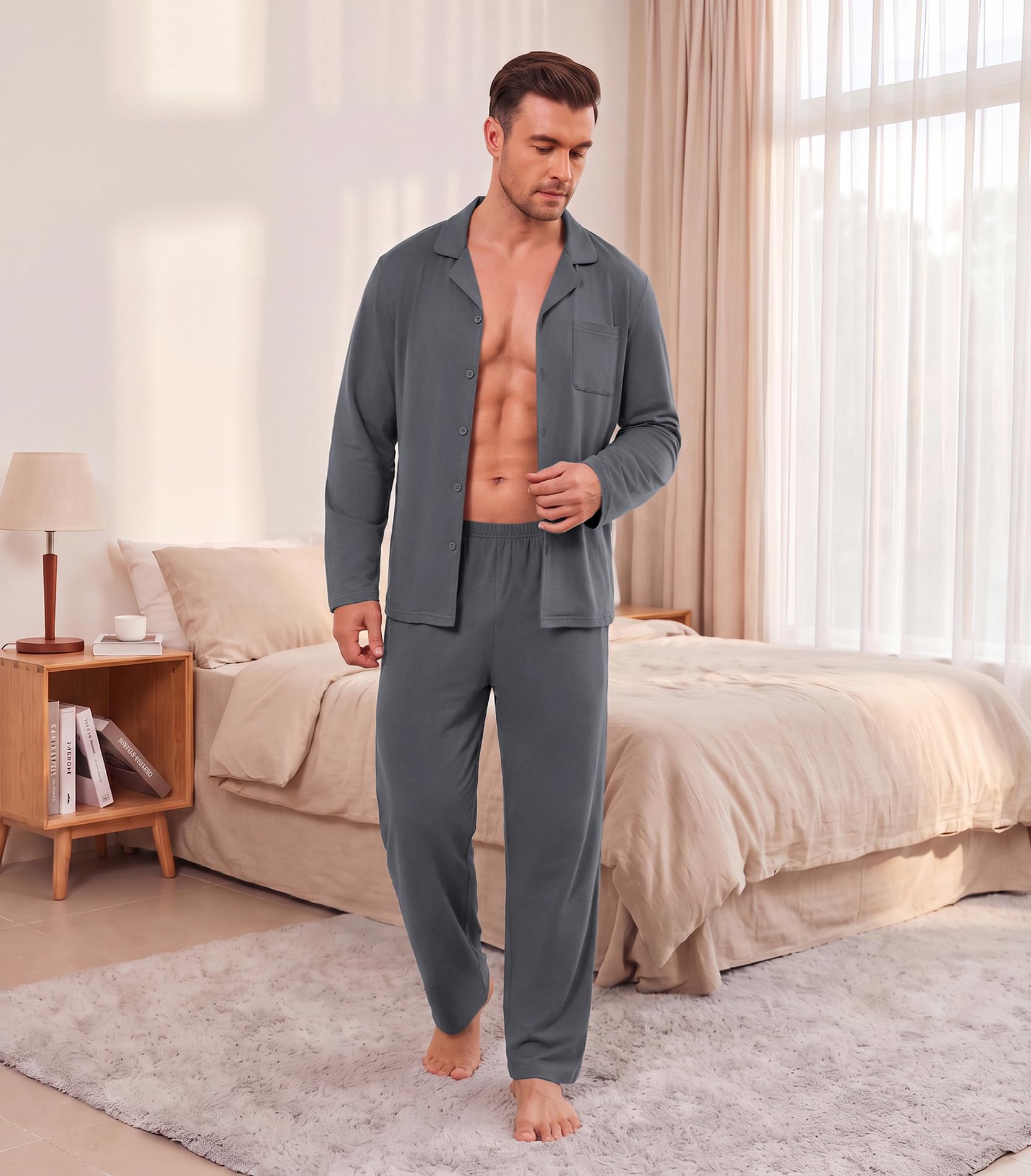 Ekouaer Mens Pajamas Set Long Sleeve Button Down Pjs Long Pants with Pocket