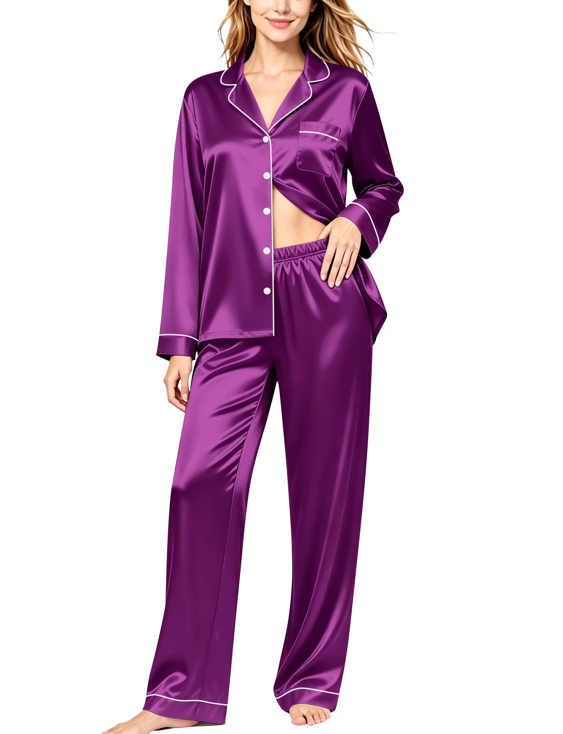 SWOMOG Womens Silk Satin Pajamas Set Long Sleeve Button Down Sleepwear 2 Piece Lounge Set Pj Set XS-3XL