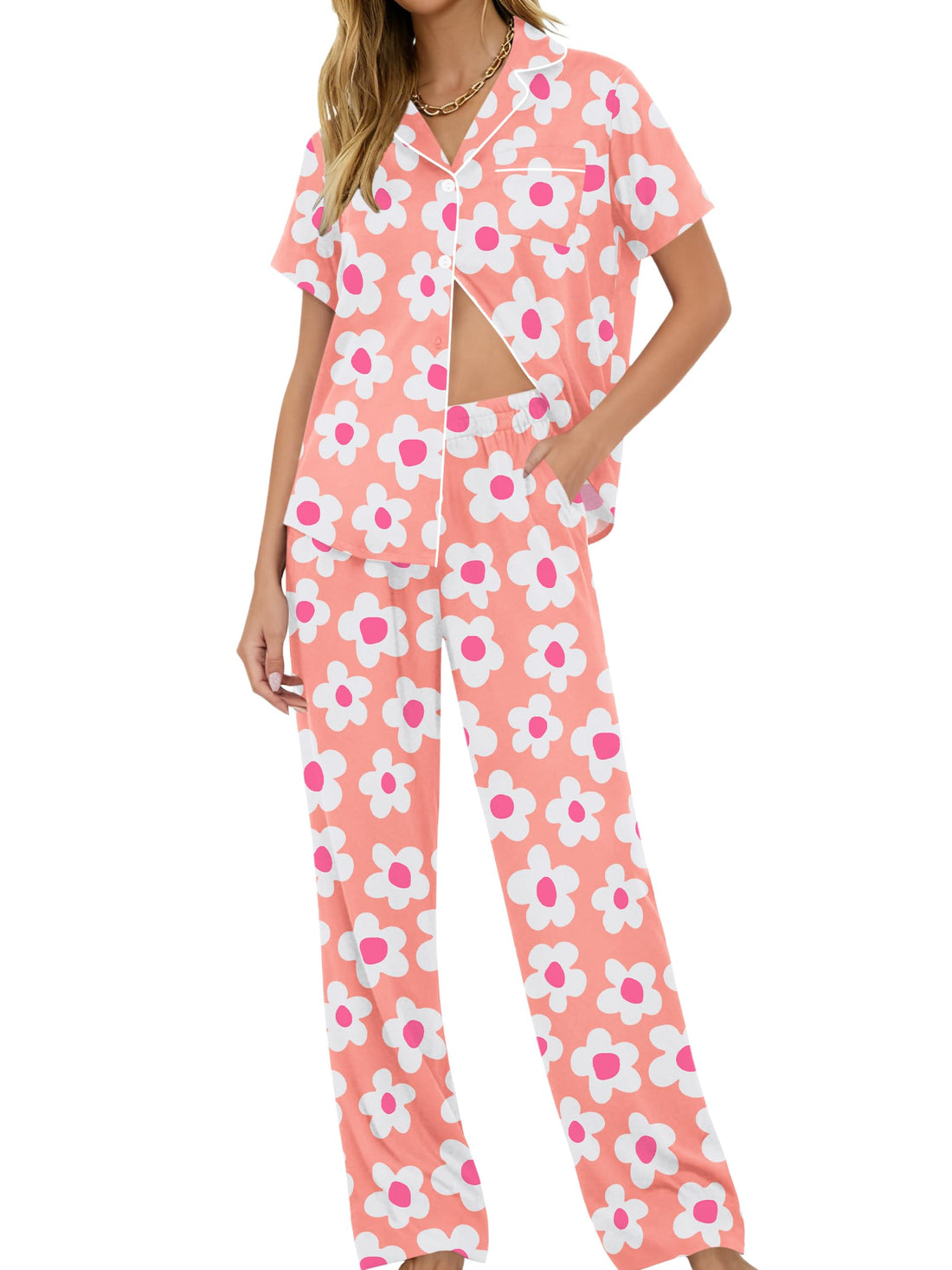SWOMOG Women Pajama Sets Two-Piece Nightwear Short Sleeve Sleepwear Button Down Pj Lounge Sets with Long Pants