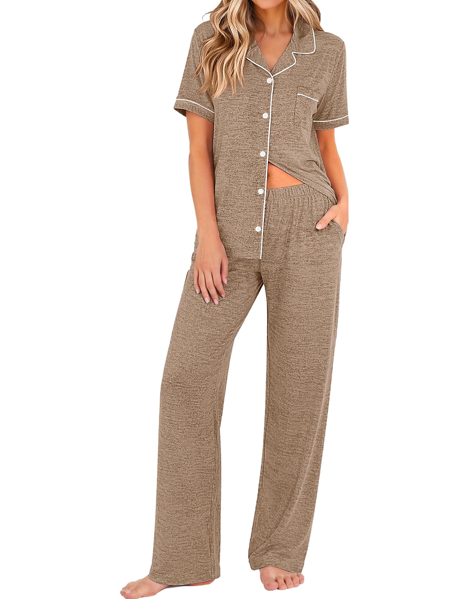 Ekouaer Pajamas for Women Set Short Sleeve Long Pants 2 Piece Lounge Set