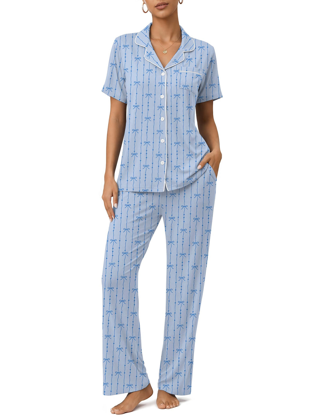 Womens Pajamas Sets 2 Piece Button Up Pj Sets Short Sleeve with Long Pant