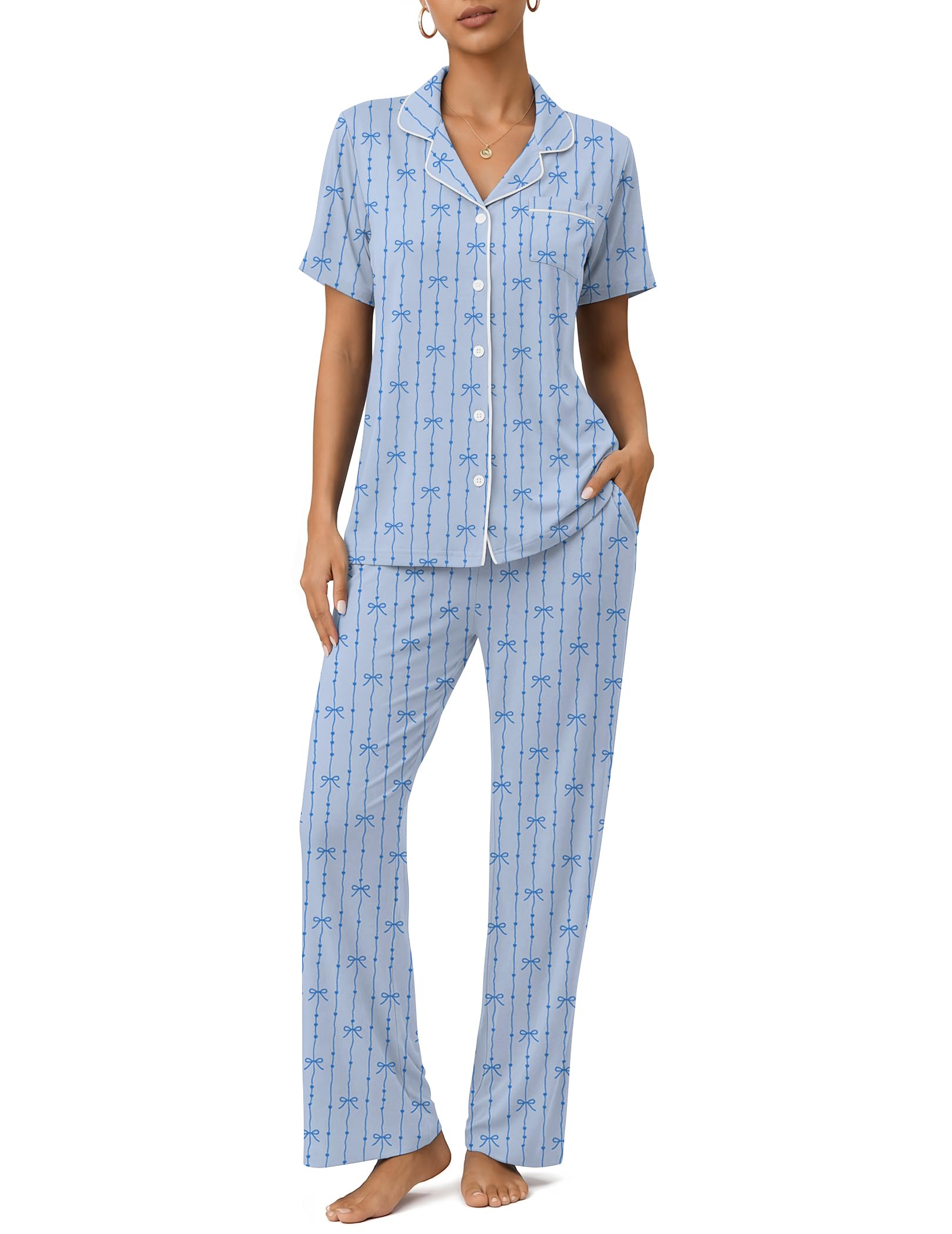Womens Pajamas Sets 2 Piece Button Up Pj Sets Short Sleeve with Long Pant
