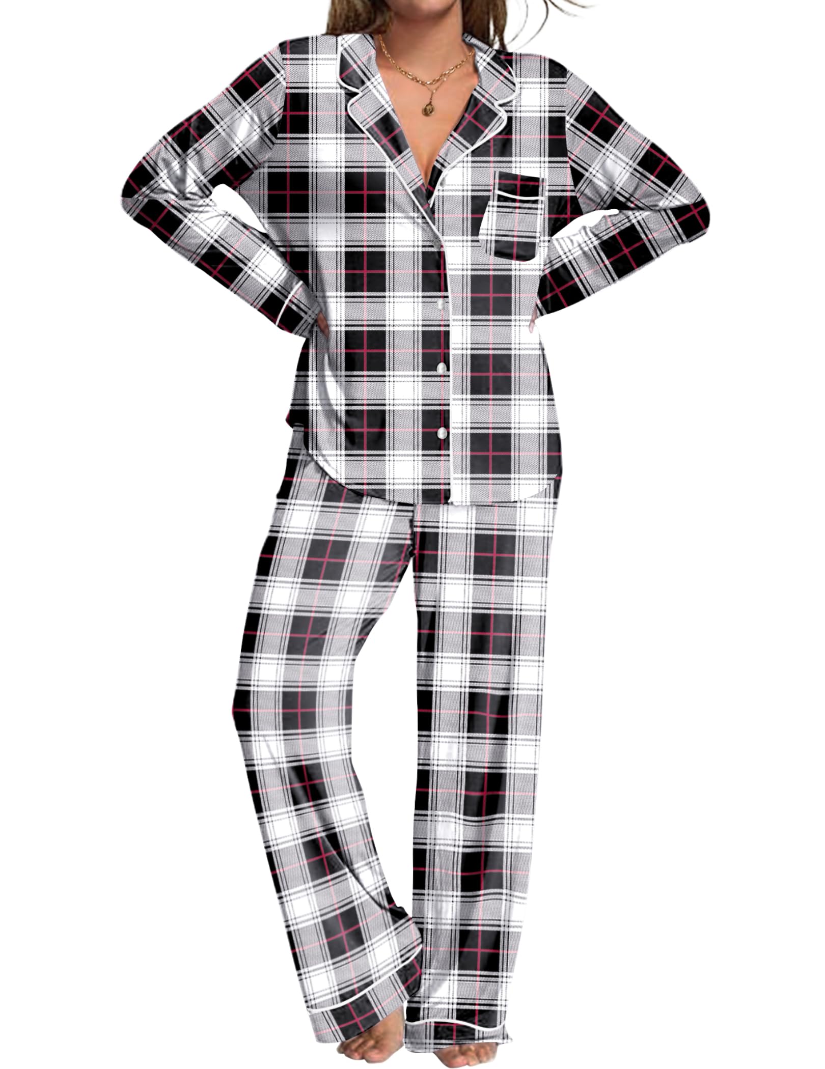 Ekouaer Womens Pajamas Set Button Down Long Sleeve Top & Pants Lounge Sets