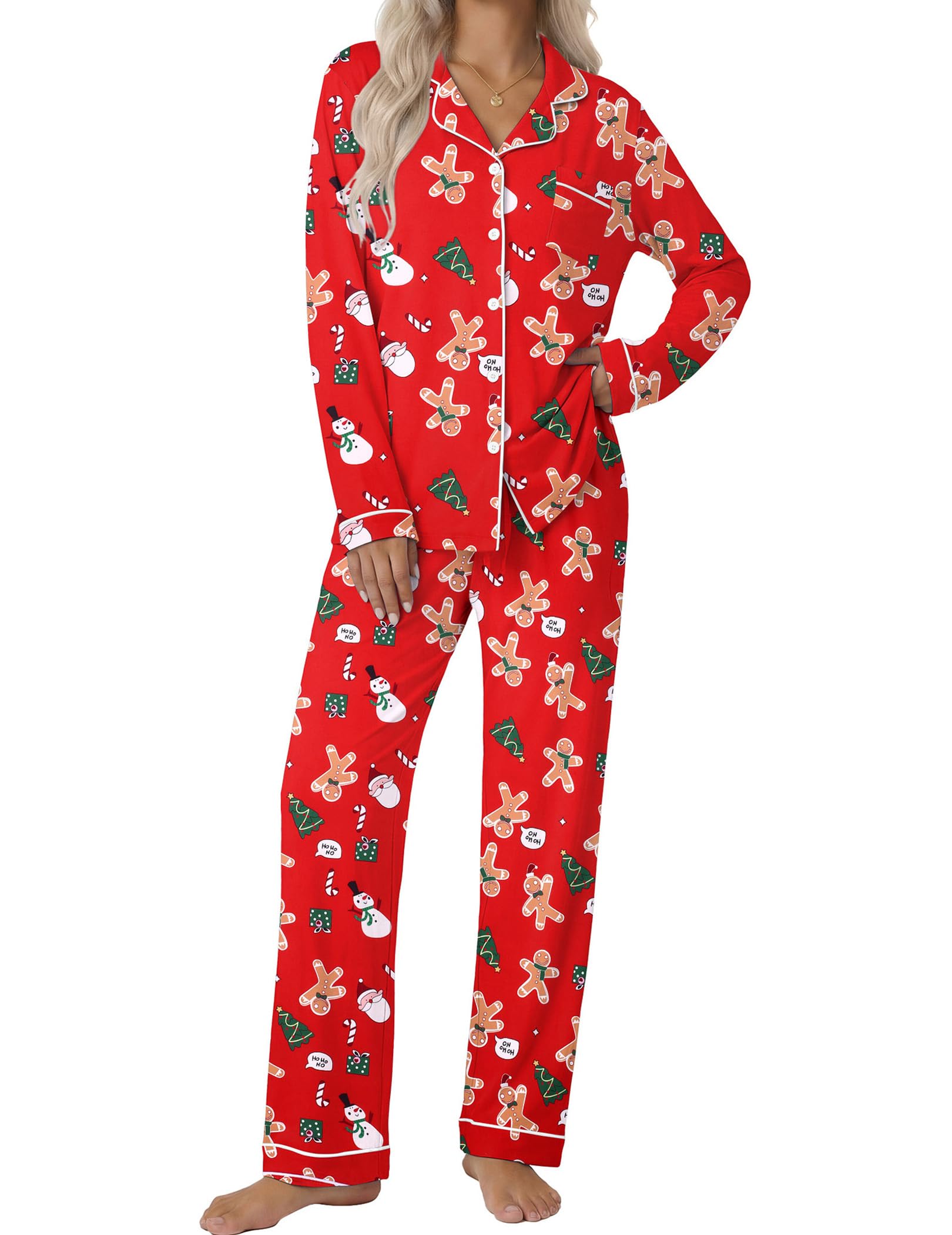 Ekouaer Women's Classic Long Sleeve Button Down Pajama Set