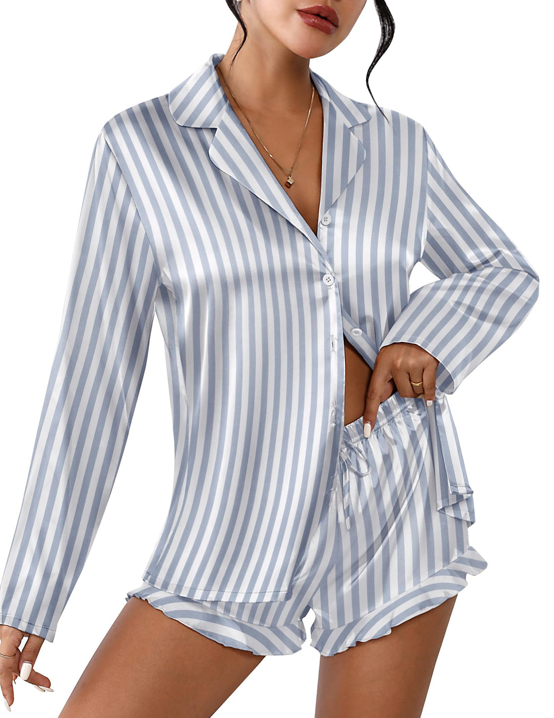 Ekouaer Womens Satin Pajama Sets Cute Button Down Silk Pjs with Ruffle