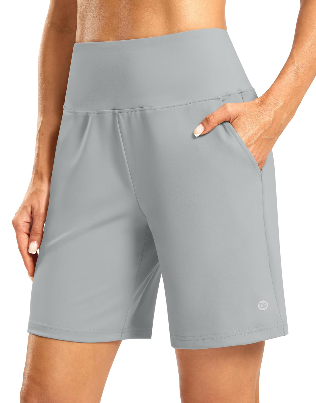 Women's Athletic Shorts with Zipper Pocket 7" High Waisted Stretchy Bermuda Shorts for Women Workout Running Casual
