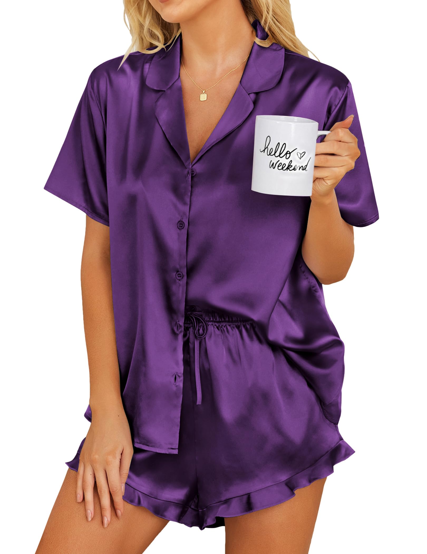 Ekouaer Womens Satin Pajamas Set Button Down Silk Pj Shorts Set with Ruffle