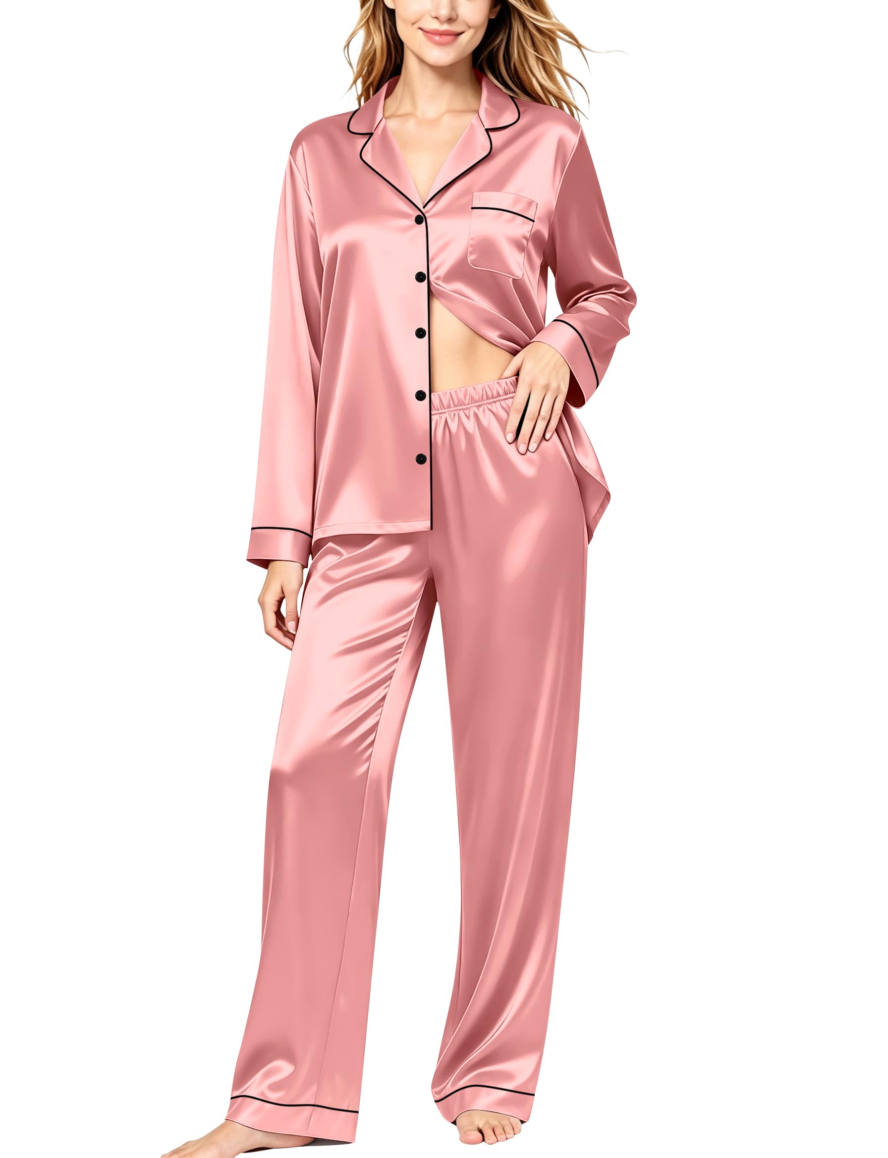 SWOMOG Womens Silk Satin Pajamas Set Long Sleeve Button Down Sleepwear 2 Piece Lounge Set Pj Set XS-3XL